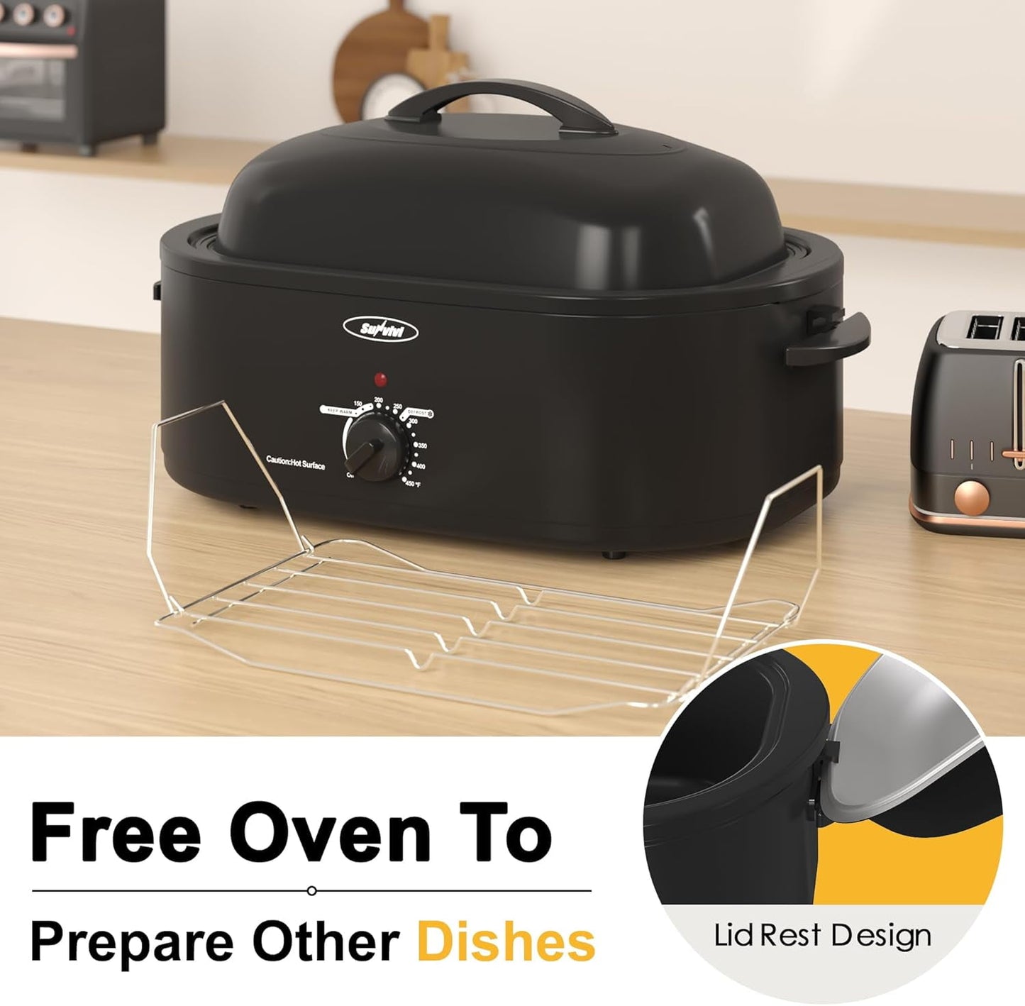 Superjoe 18QT Roaster Oven, Electric Roaster Oven with Viewing Lid, Turkey Roaster with Unique Defrost/Warm Function, Large Roaster with Removable Pan & Rack, Stainless Steel, Black