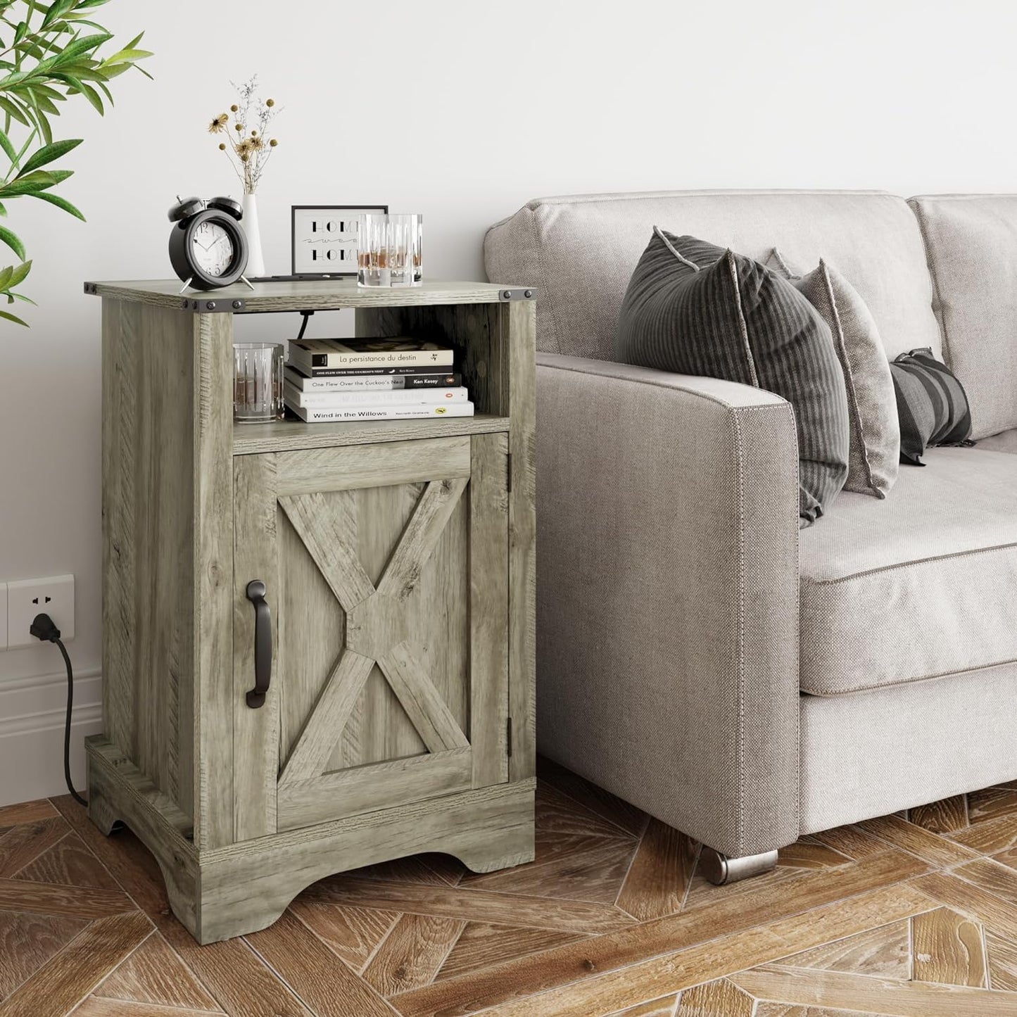 RoyalCraft White Nightstand with Charging Station, Farmhouse Bedside Table with X-Shaped Design,Wooden Rustic End Table with Large Storage Room and Shelf for Bedroom, Living Room