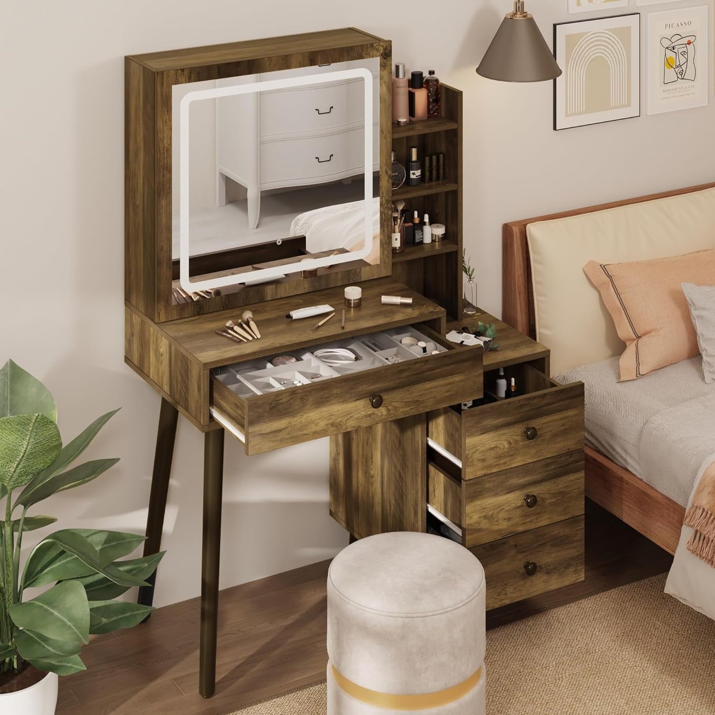 Royalcraft Makeup Vanity Table Set with Sliding Lighted Mirror