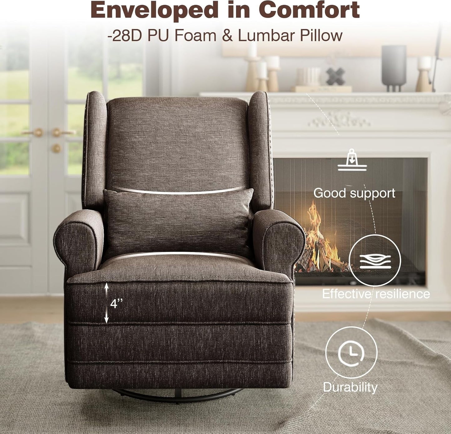 Superjoe Swivel Recliner Chair, Comfy Glider Rocking Chairs with Lumbar Pillow and Footrest, Upholstered Swivel Rocking Chair for Bedroom,Nursery, Brown