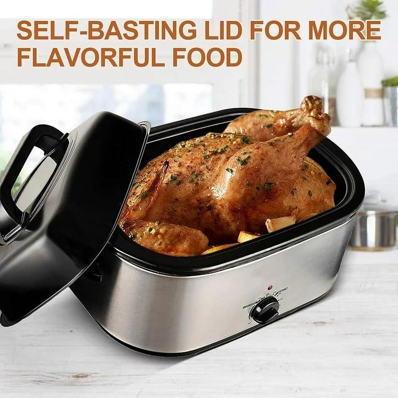 CozyHom 26 Quart Electric Roaster Oven Stainless Steel Portable Turkey Electric Roaster Oven, Self-Basting Lid Removable Insert Pot, Silver