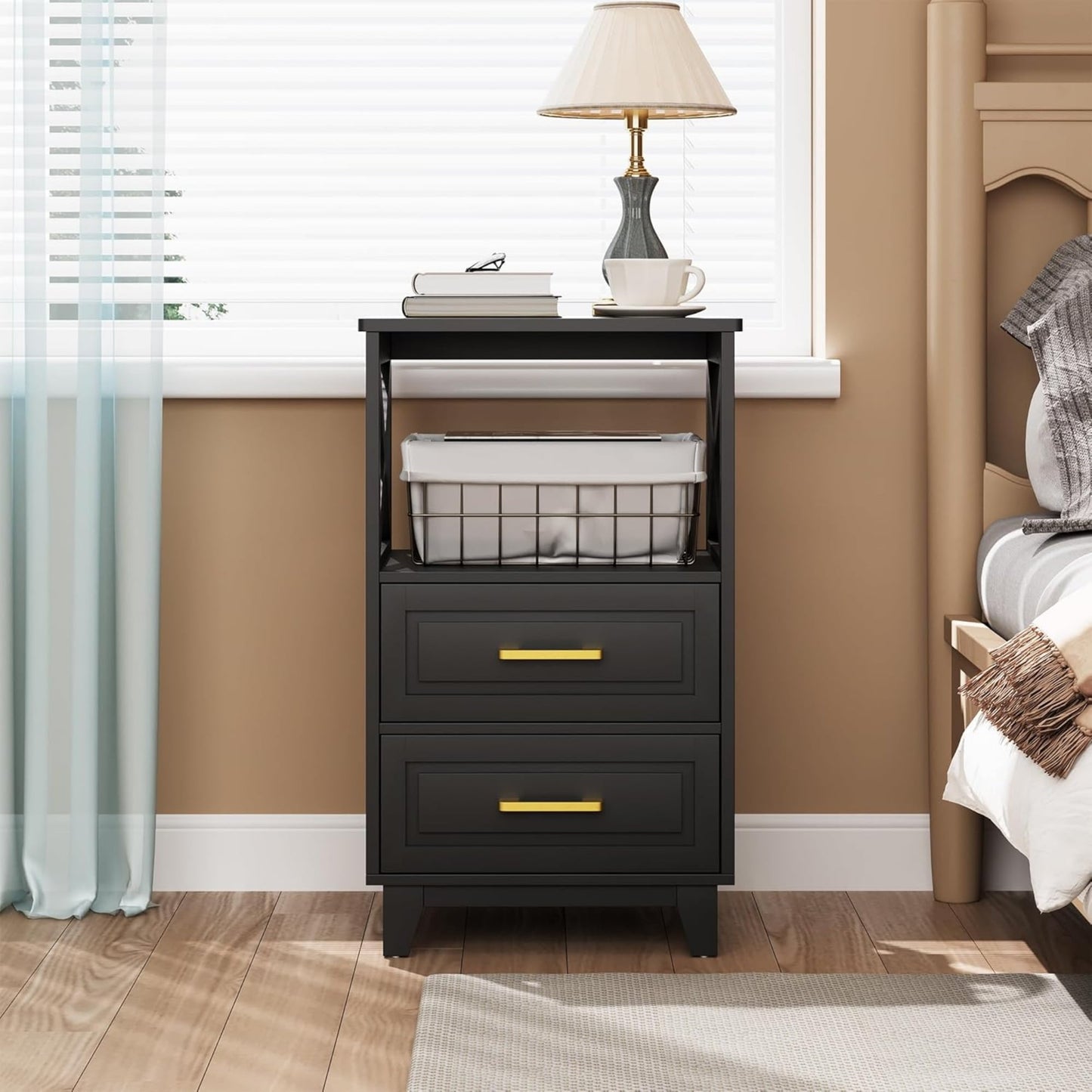 CozyHome Tall Nightstand Set of 2, Side Table with 2 Drawers and Open Shelf Below, Bedside Table with Solid Feet, Modern Night Stand End Table for Bedroom, Living Room, Home Office, Black