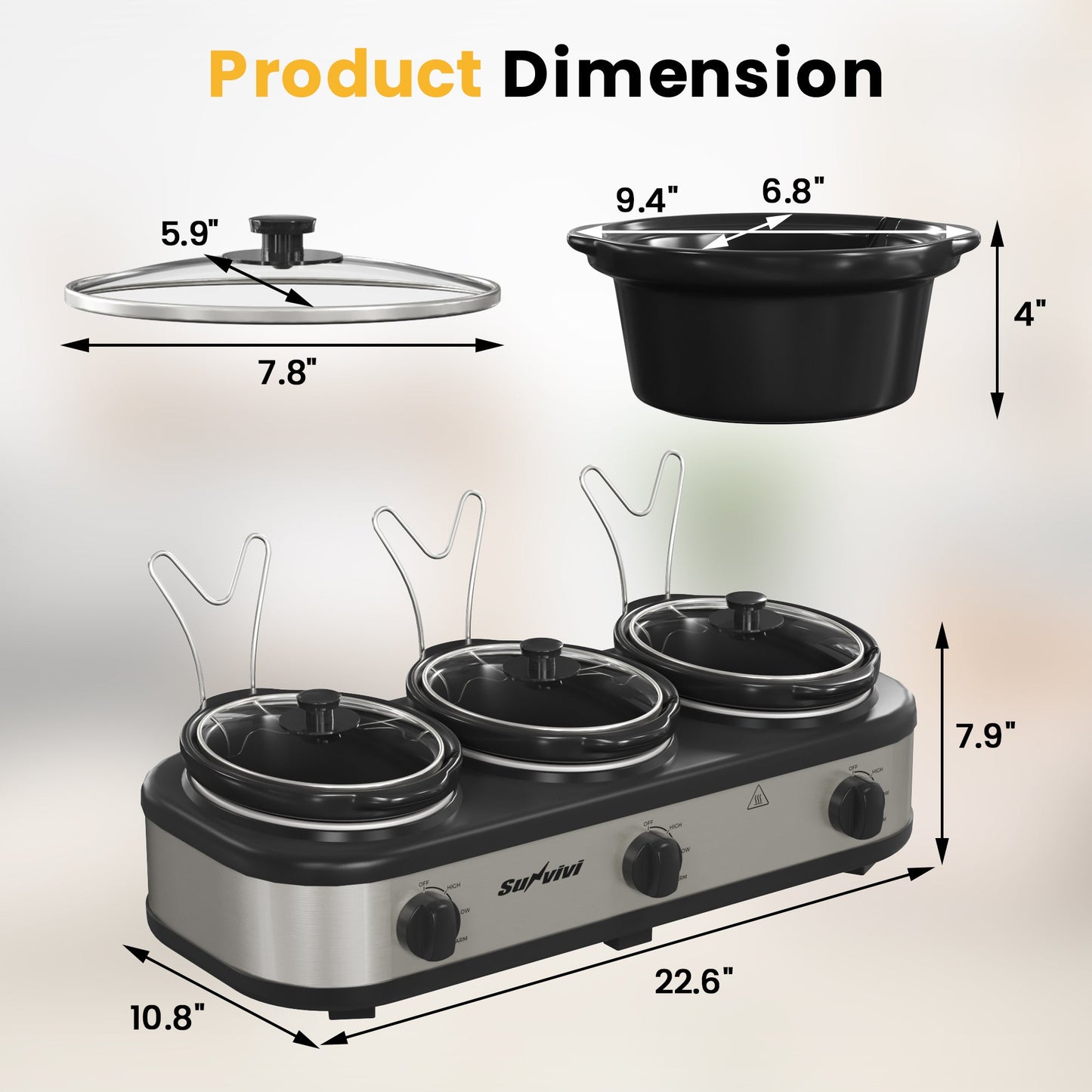 Sunvivi Triple Slow Cooker, Buffet Server and Warmer with 3 Removable Ceramic Pots, Slow Cooker Food Warmer with 3 Adjustable Temp & 3 Metal Lid Rests, Stainless Steel, Total 4.5 QT