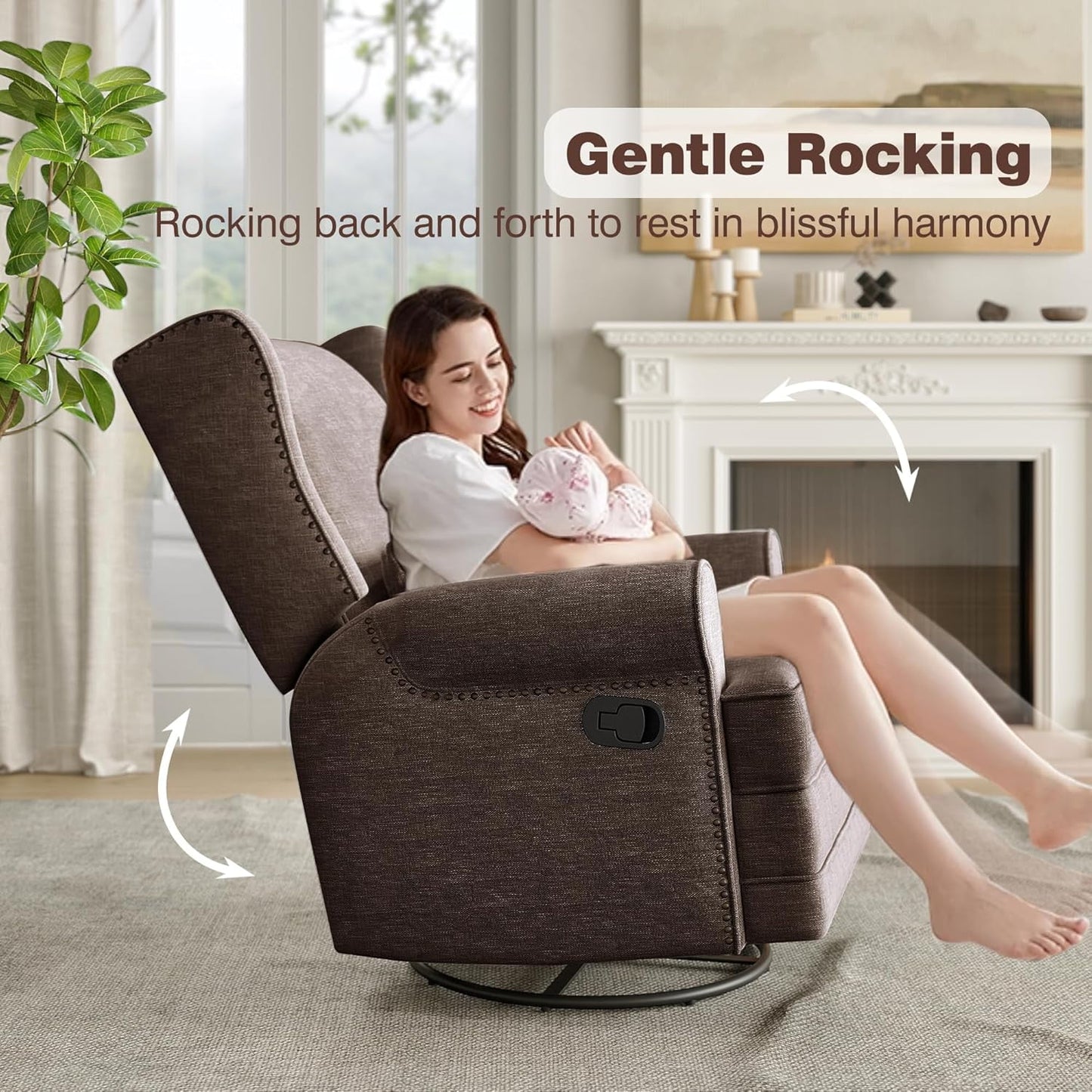 Superjoe Swivel Recliner Chair, Comfy Glider Rocking Chairs with Lumbar Pillow and Footrest, Upholstered Swivel Rocking Chair for Bedroom,Nursery, Brown
