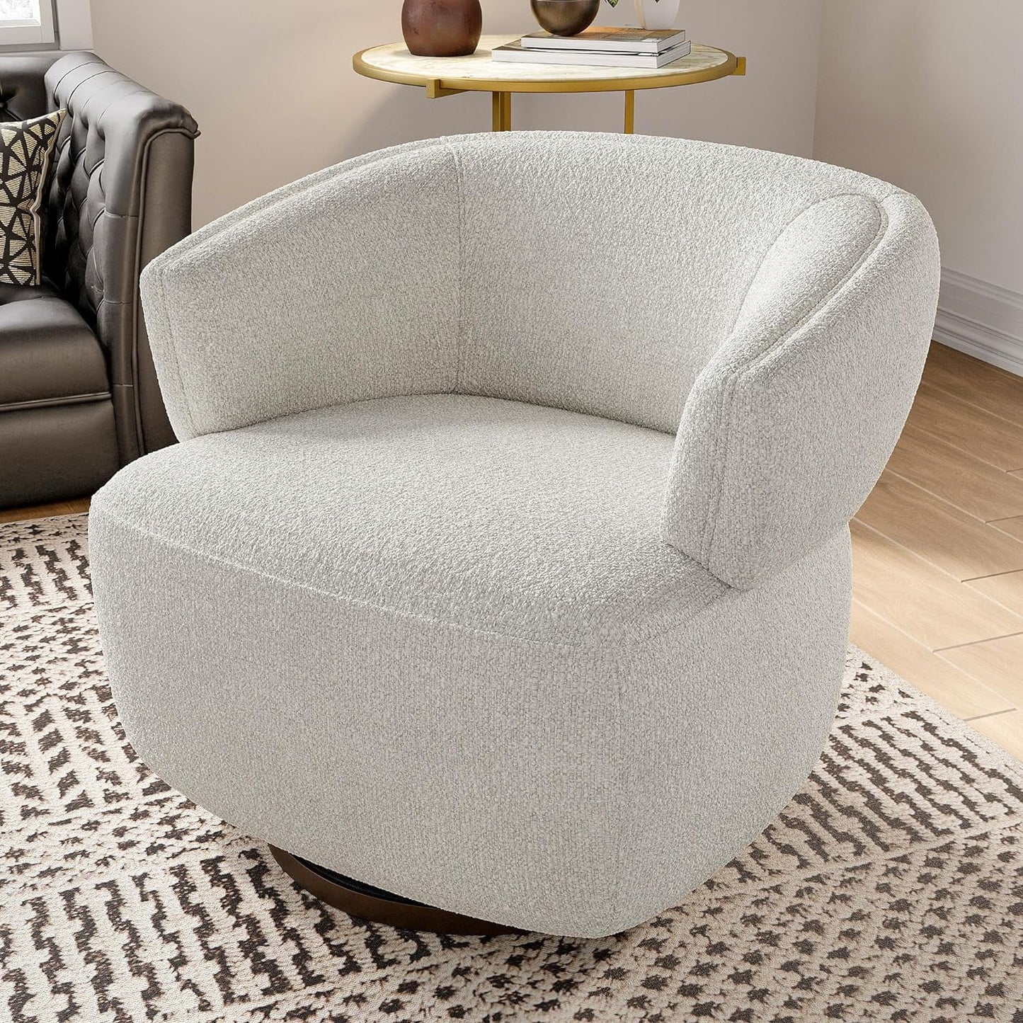 CozyHom Swivel Barrel Chair, Accent Lounge Sofa Chair with 360-Degree Base, Oversized Upholstered Reading Chair, Modern Round Club Chair for Living Room, Bedroom, Office, Beige