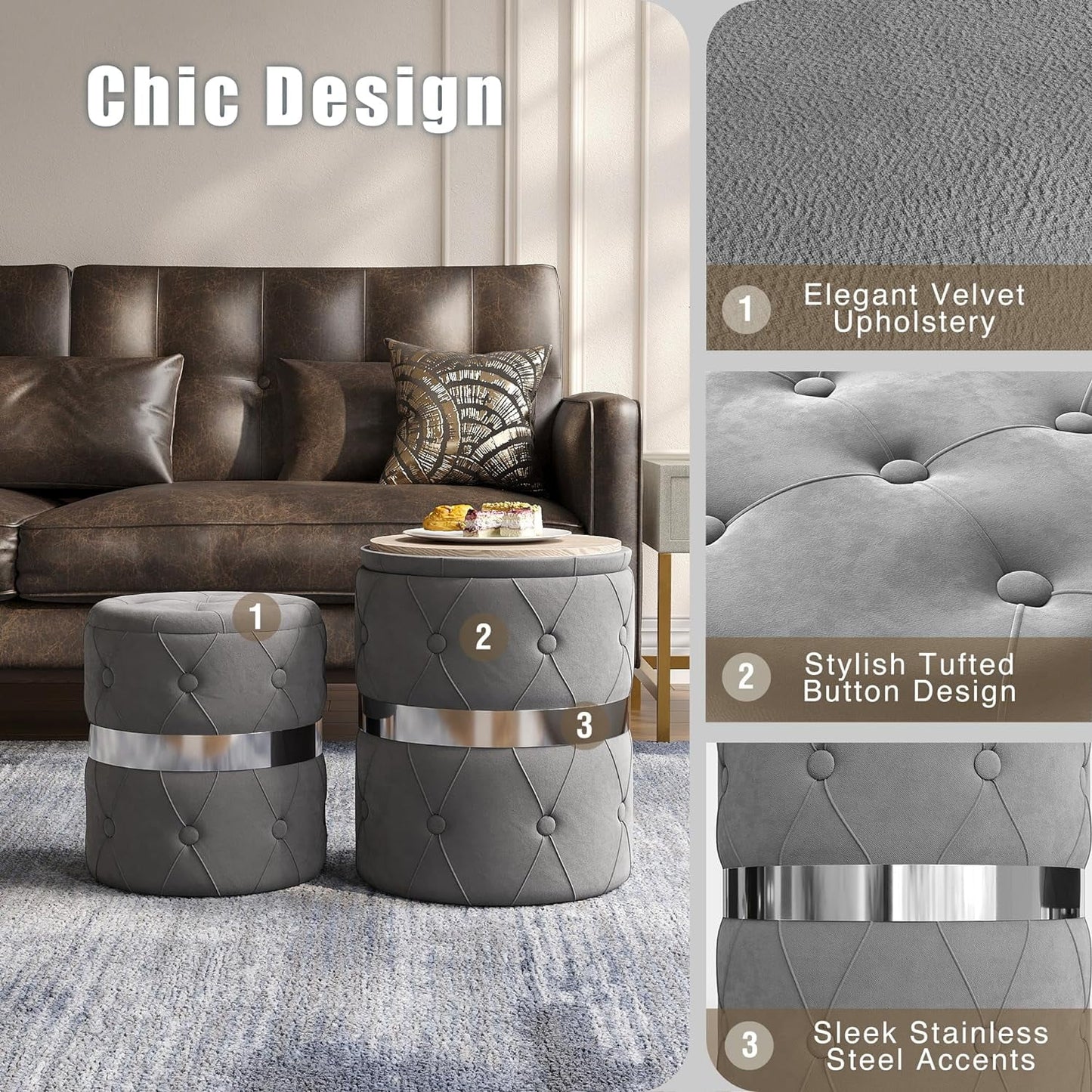CozyHom Storage Ottoman Set of 2, Versatile Footrest Stool with Stainless Steel Base, Modern Round Vanity Stool Chair Foot Stools, Support 200lbs Padded Seat, for Living Room, Bedroom, Grey
