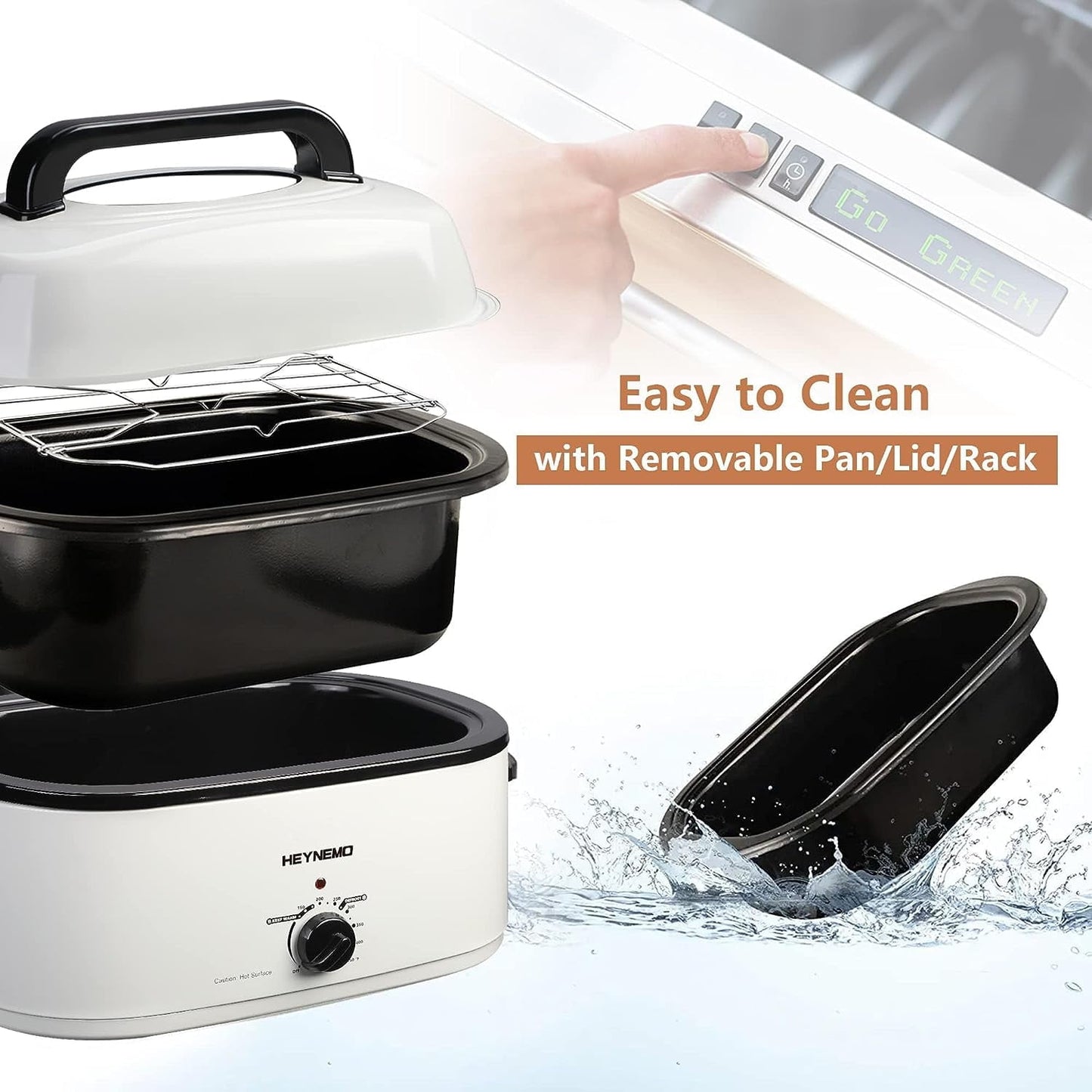 CozyHom 26 QT Electric Roaster Oven, Stainless Steel Turkey Roaster Pan, Self-Basting Lid Removable Insert Pot for Gathering and Dining, White