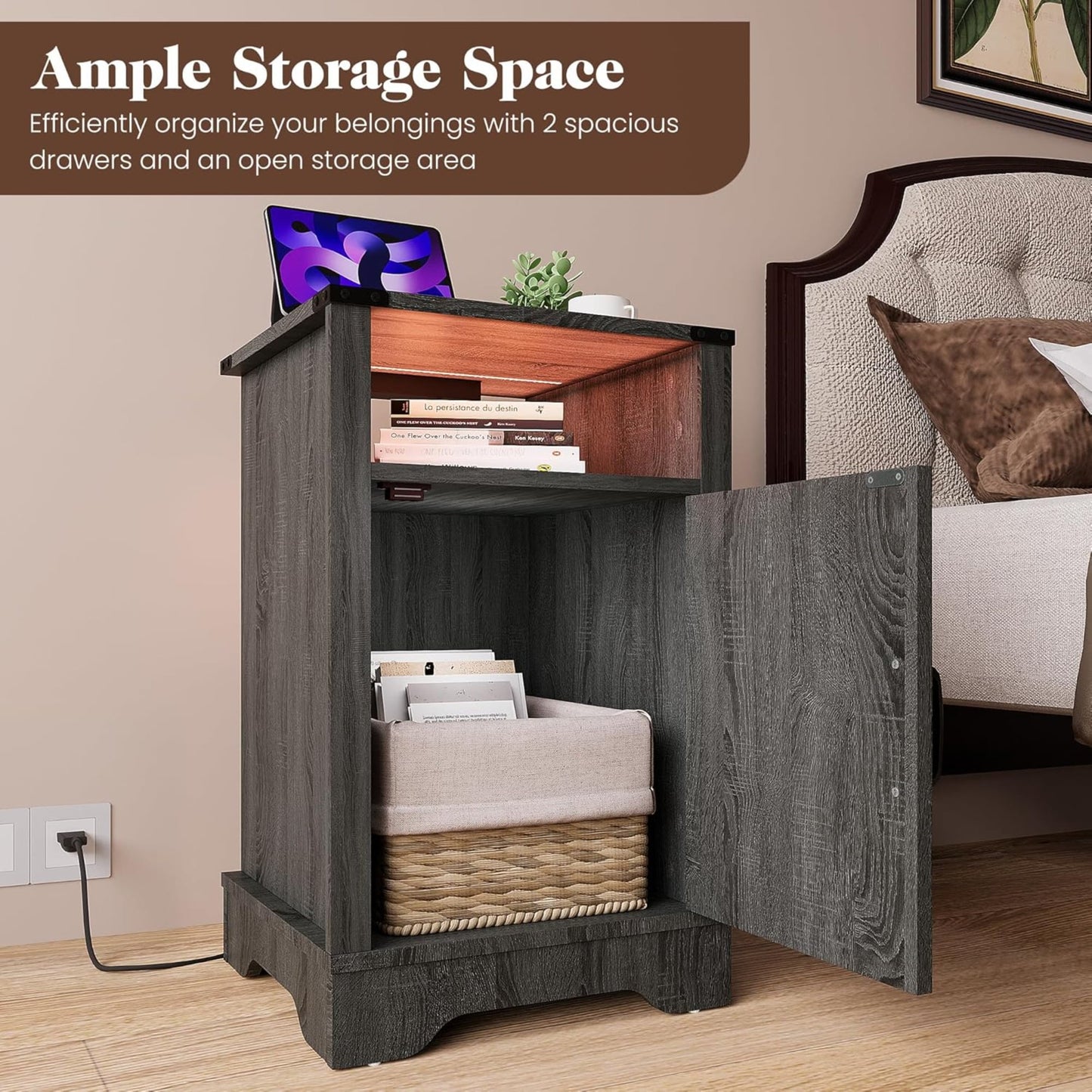 Superjoe LED Nightstand Set of 1 with Charging Station, Bedside Table with Storage Cabinet and Shelf, Rustic End Table, Farmhouse Wooden Side Table, for Bedroom, Living Room, Grey