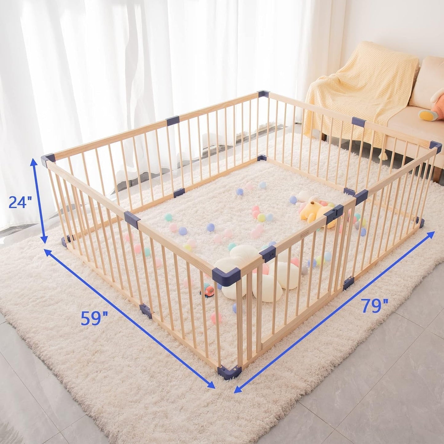Superjoe Baby Playpen Kids Fence with Safety Gate, Activity Play Center, Safety and Anti-Drop Function, Safety Play Yard Indoor Outdoor Pure Wooden Baby Playpen (79"*59"*24")
