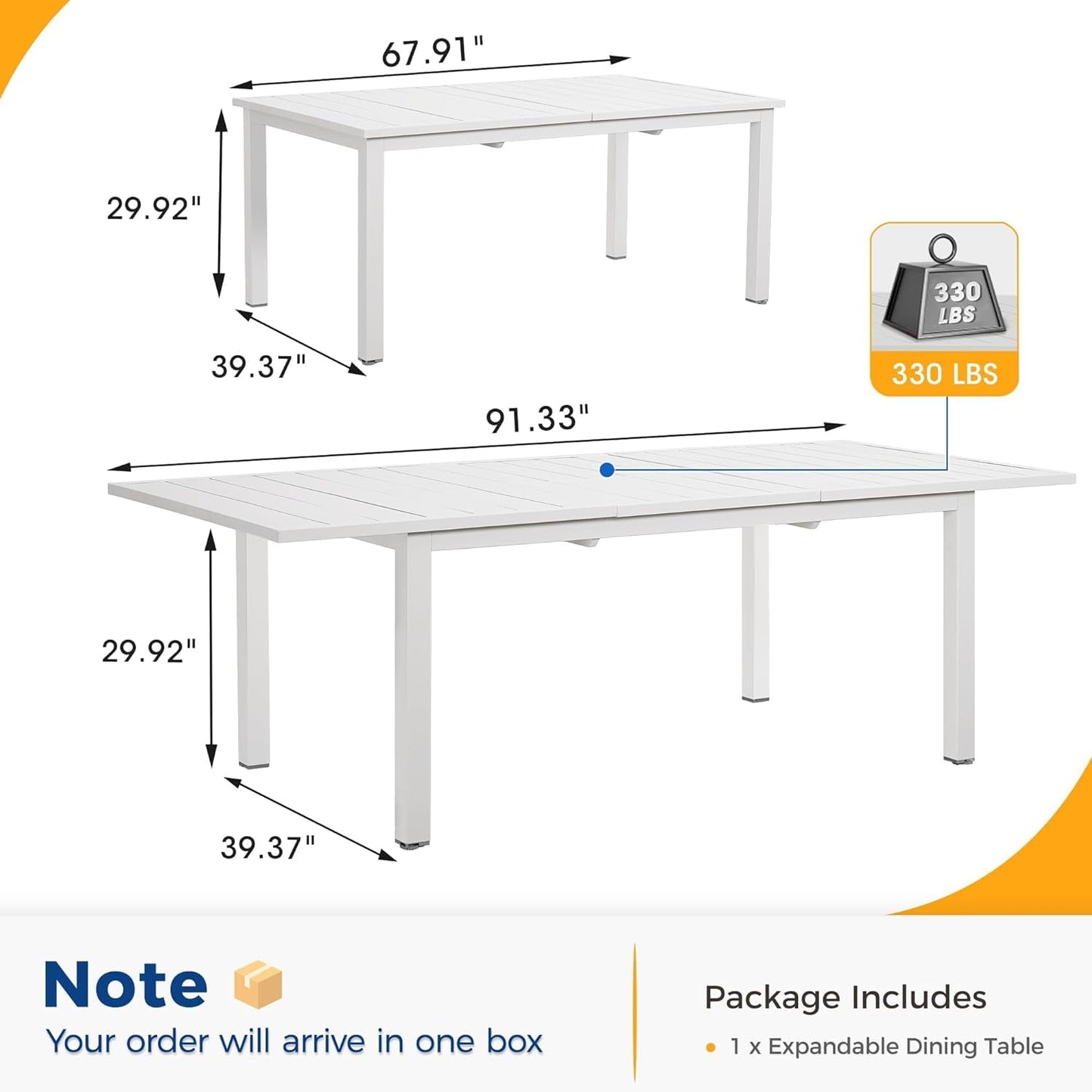 Superjoe Outdoor Patio Dining Table, Aluminum Modern Outside Metal Expandable Patio Table Furniture for Lawn, Balcony, White