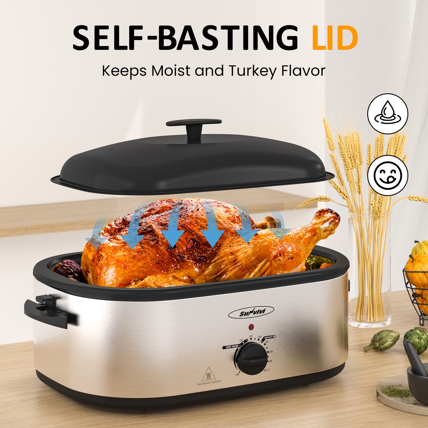 Electric Roaster Oven, 18 QT Turkey Roaster with Self-Basting Lid and Buffet Server, Roaster Oven with Adjustable Temperature Control, Removable Pan & Rack for Turkey, Pizza, Meat, Stainless Steel, Silver