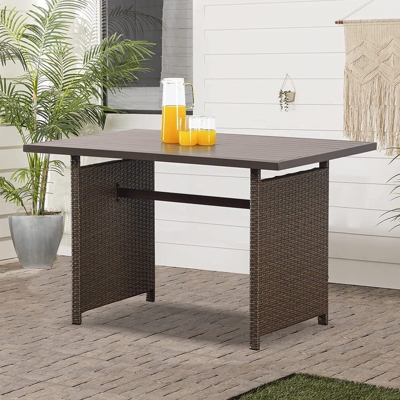 Royalcraft Outdoor Wicker Dining Table, Rectangle Rattan Patio Furniture Dining Table with Aluminum Top, Brown