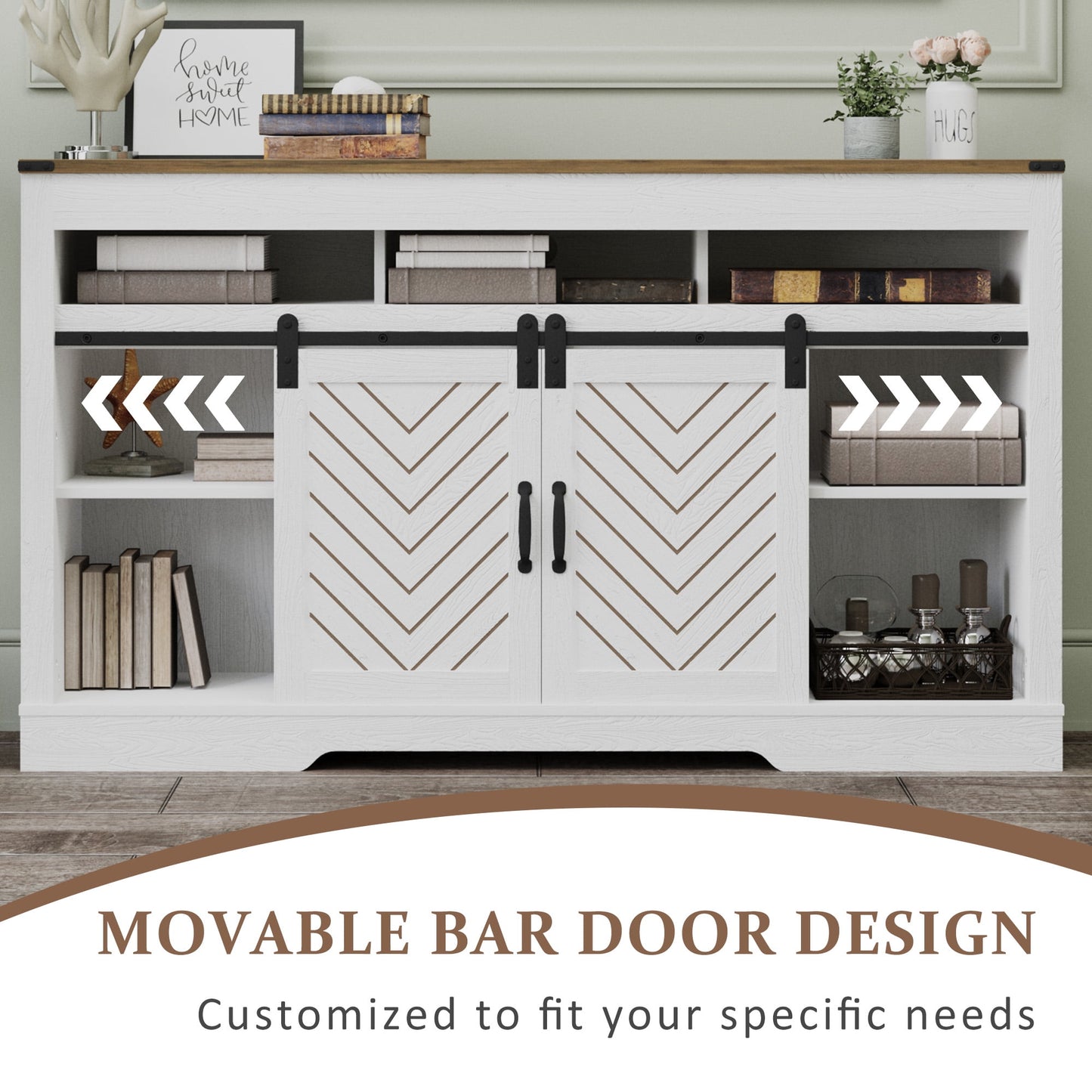 Superjoe TV Stand for TVs up to 70", 34" Tall Entertainment Center w/Sliding Doors, Modern Wood Media Console Storage Cabinet for Living Room Bedroom, Wood-Tone and White