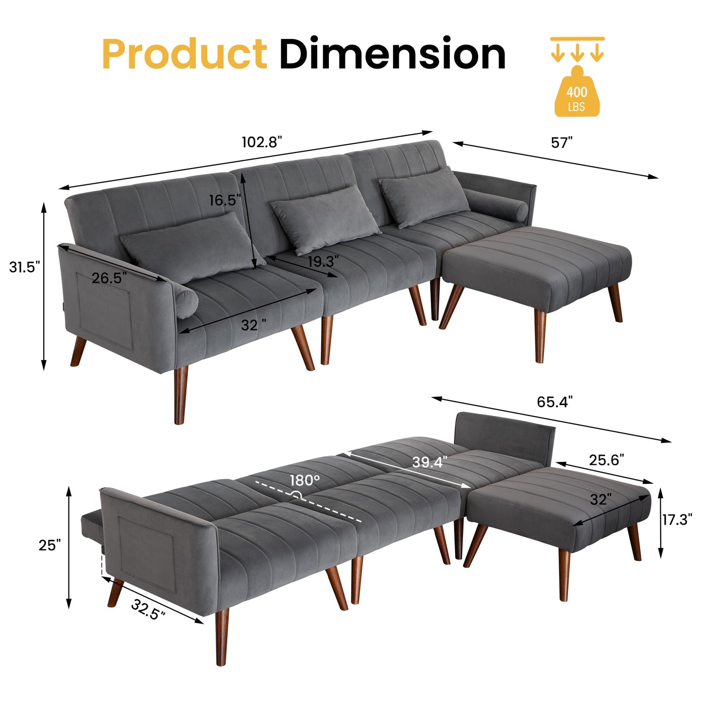 RoyalCraft Sleeper Sectional Sofa Bed£¬ L-Shaped Convertible Sofa with Reclining Backrest and Movable Ottoman£¬ Modern Velvet Fabric Couch for Living Room, Apartment