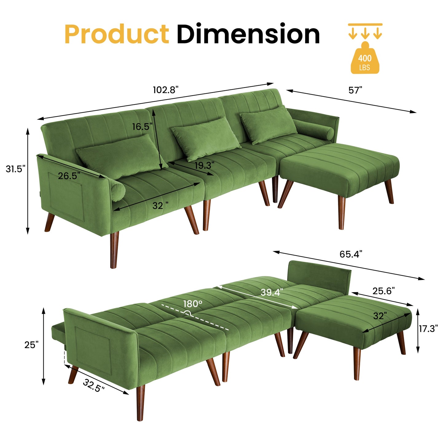 RoyalCraft Sleeper Sectional Sofa Bed£¬ L-Shaped Convertible Sofa with Reclining Backrest and Movable Ottoman£¬ Modern Velvet Fabric Couch for Living Room, Apartment