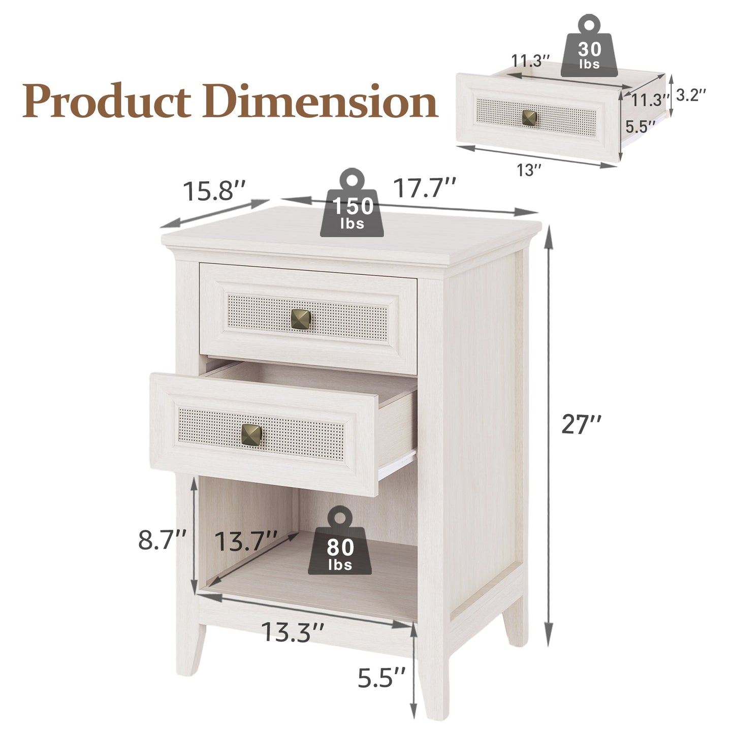 Royalcraft Farmhouse Nightstand, Boho Bedside Table with 2 Rattan Decor Drawers, Accent End Table with Open Storage Shelf, Wood Bedside Unit for Bedroom, Living Room, Home Office, Grayish White