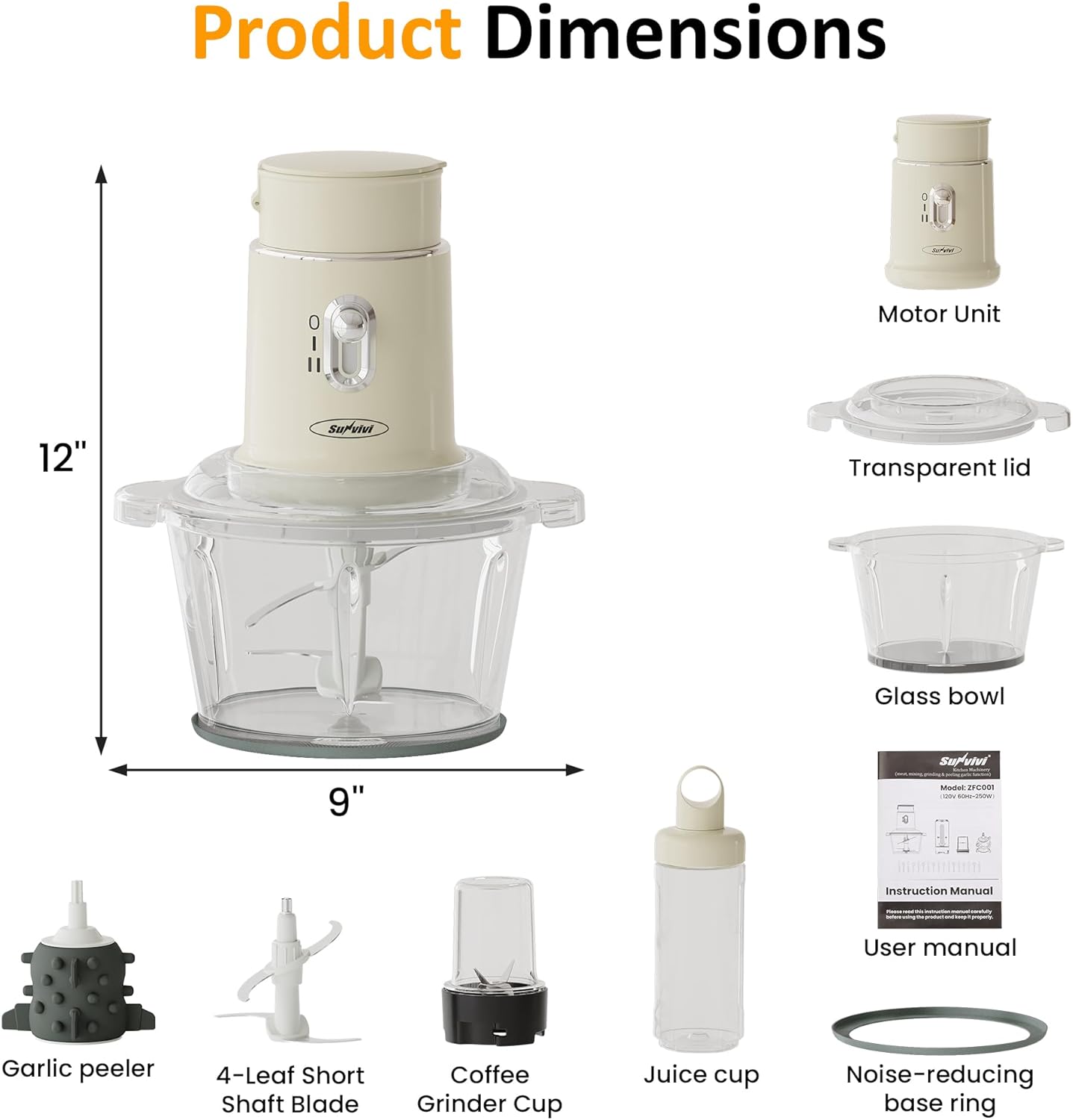 Superjoe Electric Food Chopper, Electric 4 in 1 Food Grinder for Grinding Meat, Peeling Garlic & Juicing, 2 Speed Blender and Food Processor Combo with 1.5L Glass Bowl & 2 Cups (0.4L+0.2L), 250W Beige