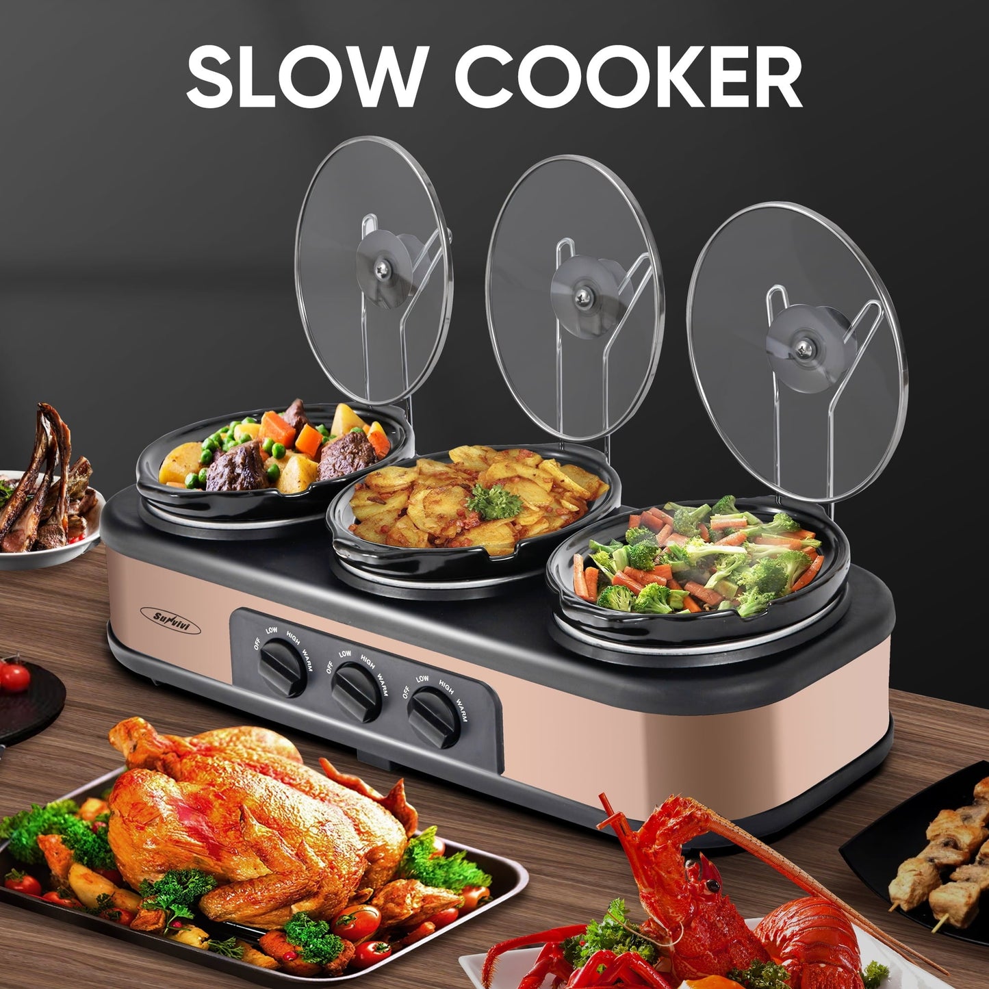 Triple Slow Cooker with 3 Spoons, 3 Pot 1.5 Quart Oval Crock Food Warmer Buffet Server, Stainless Steel