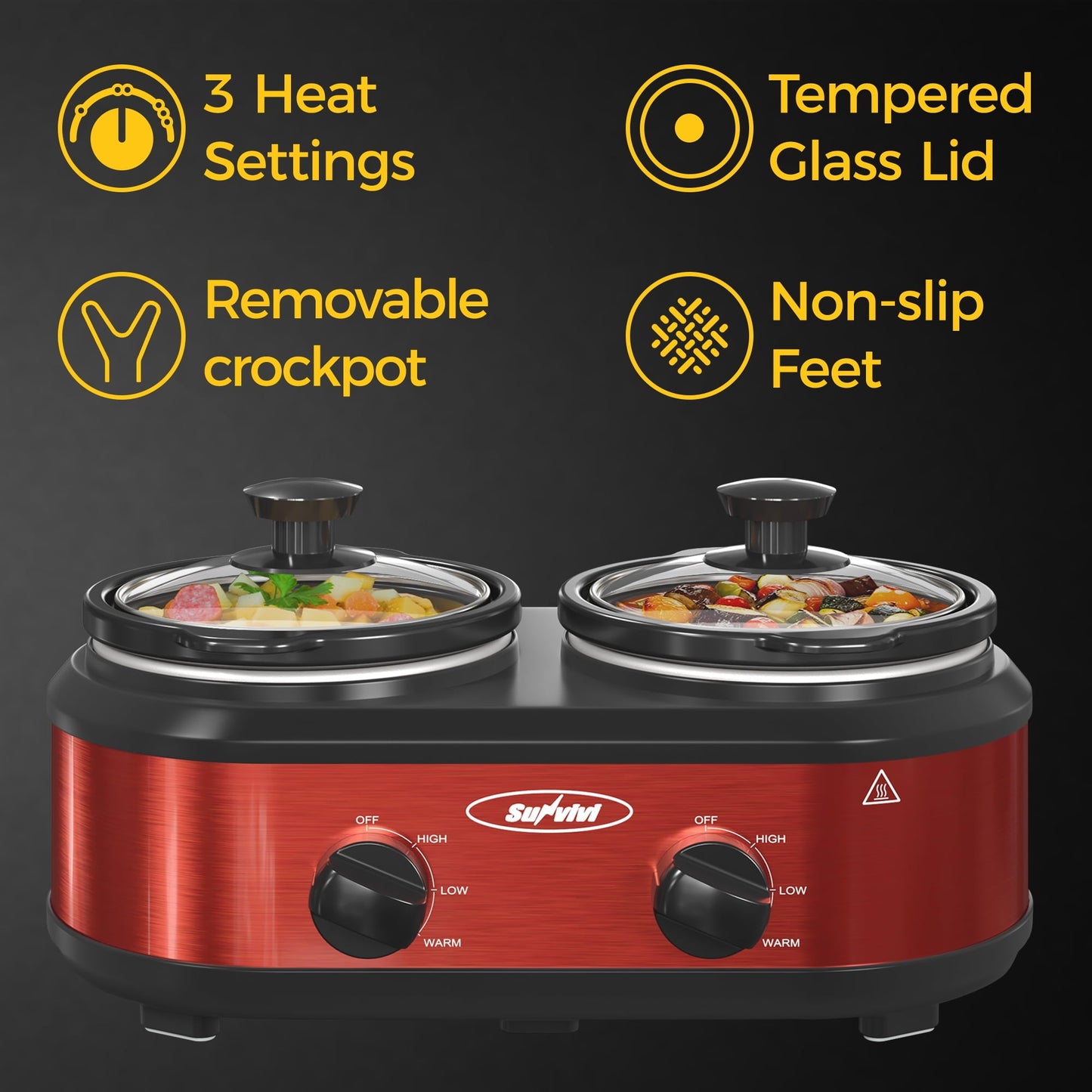 SUNVIVI Dual Pot Slow Cooker, 2 Pot Small Mini Crock Buffet Server and Warmer with Ceramic Pot, Adjustable Temp