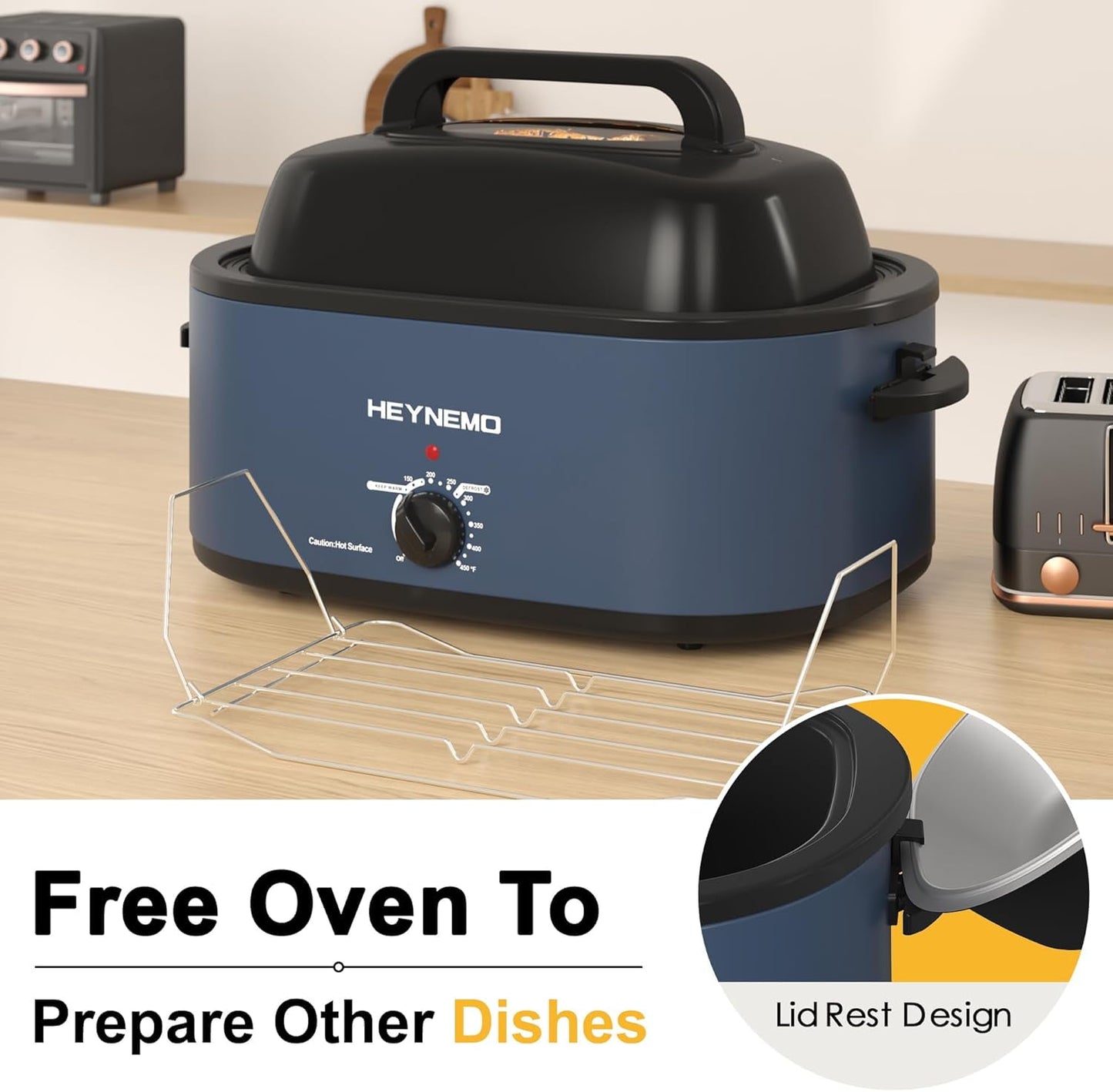 Superjoe 22 Quart Electric Roaster Oven with Visible & Self-Basting Lid, Large Turkey Roaster with Defrost Warm Function, Adjustable Temperature, Removable Pan Rack, Stainless Steel Blue