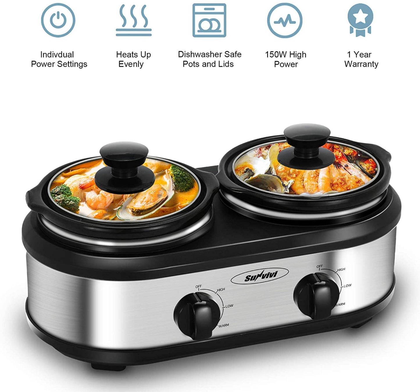 Triple Slow Cooker with 3 Spoons, 3 Pot 1.5 Quart Oval Crock Food Warmer Buffet Server, Stainless Steel