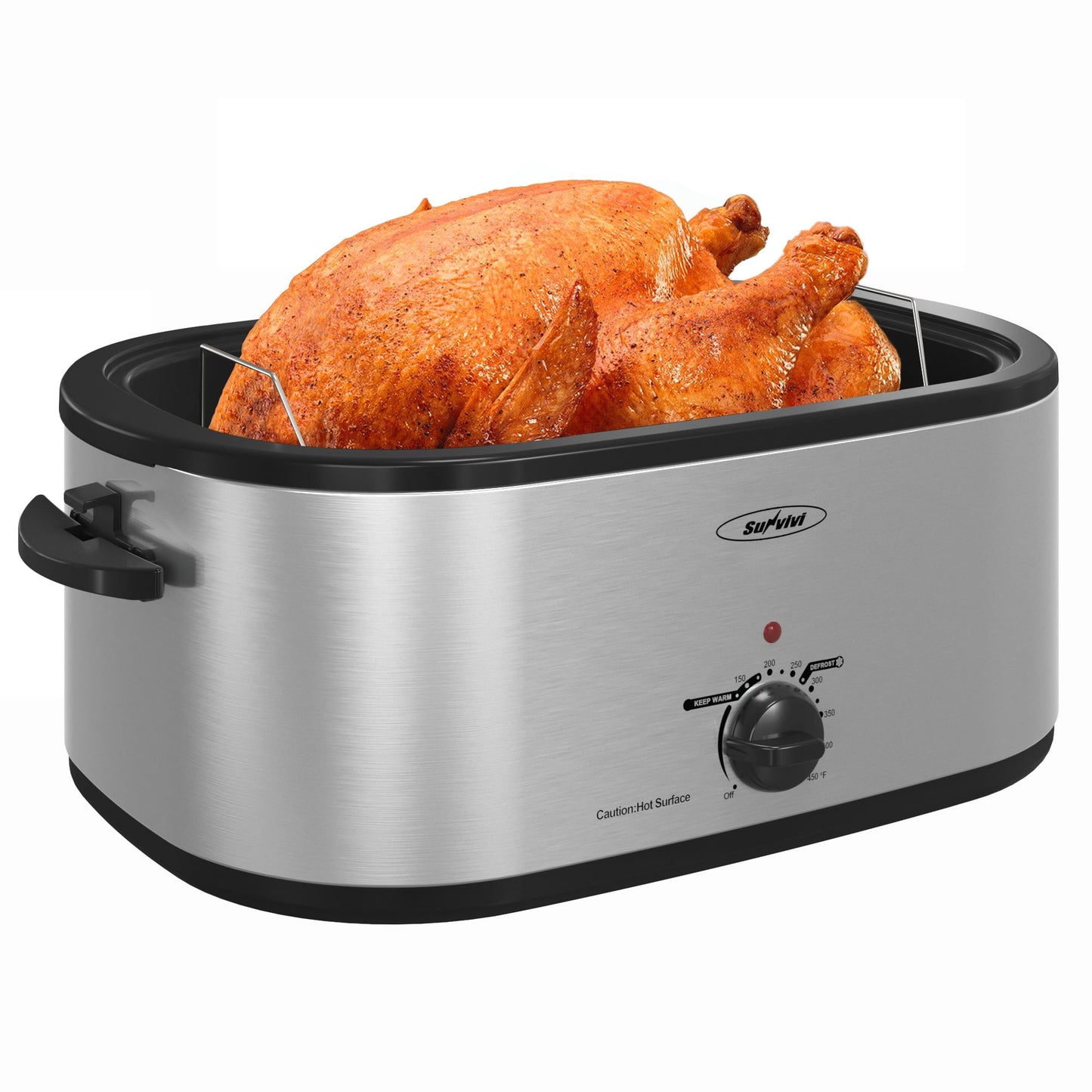Sunvivi 22 Quart Electric Turkey Roaster Oven with Visible Glass Lid,Removable Pan & Rack, Stainless Steel,White