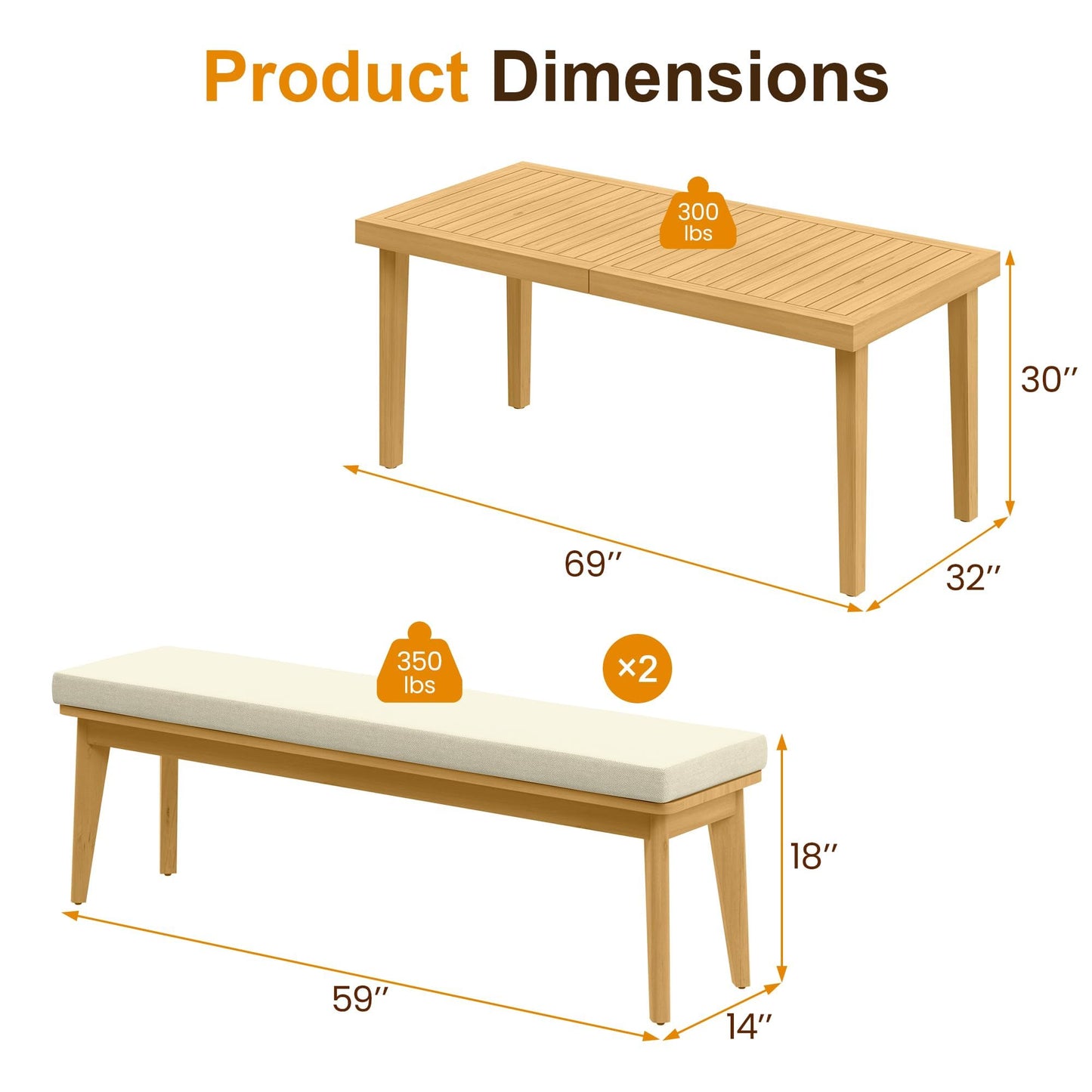 Heynemo Acacia 3 Pieces Patio Dining Set with Dining Table and Bench, All-Weather Wood Bench with Cushions, Modern Outdoor Dining Furniture Set for Lawn, Backyard, Garden, Deck, Beige