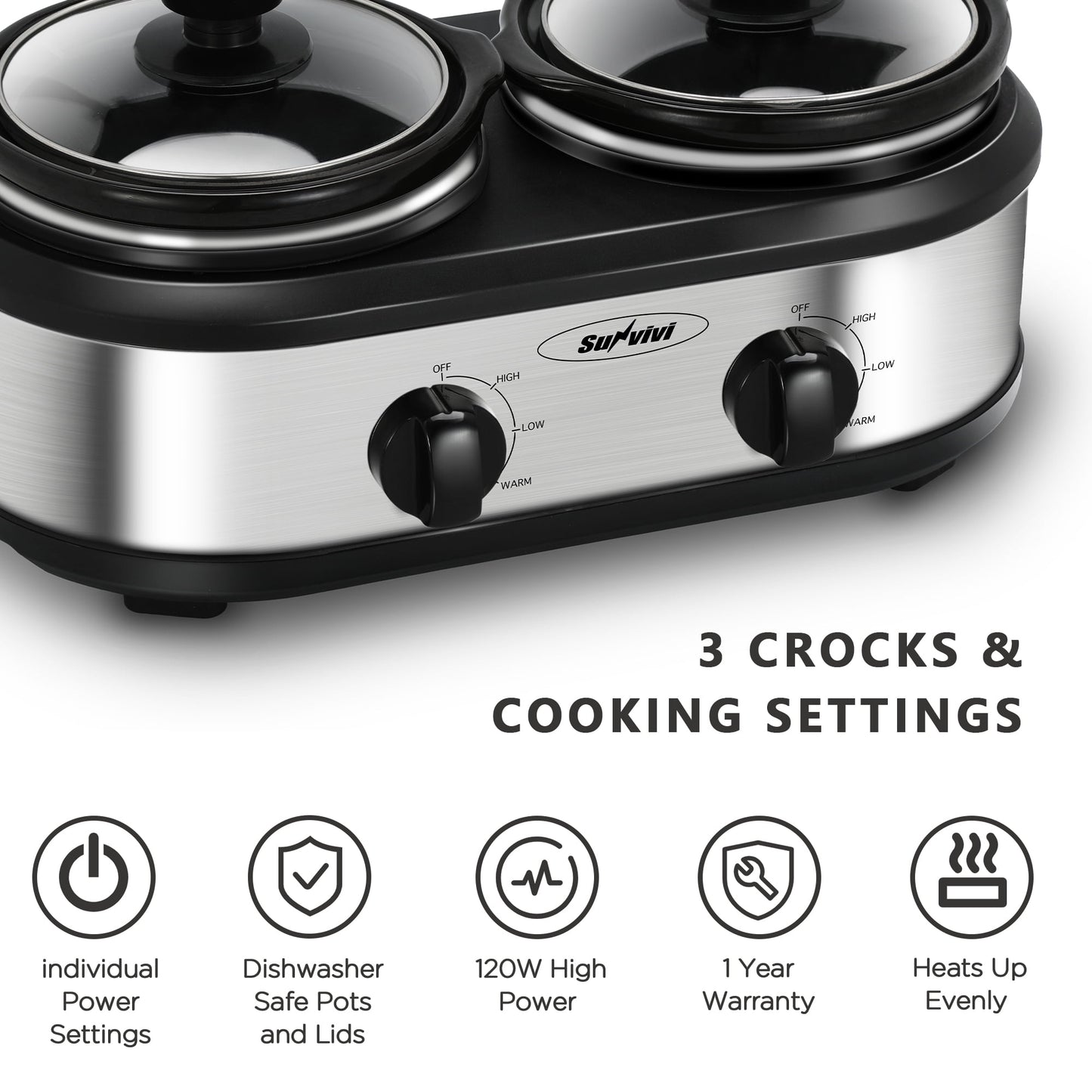 Triple Slow Cooker with 3 Spoons, 3 Pot 1.5 Quart Oval Crock Food Warmer Buffet Server, Stainless Steel