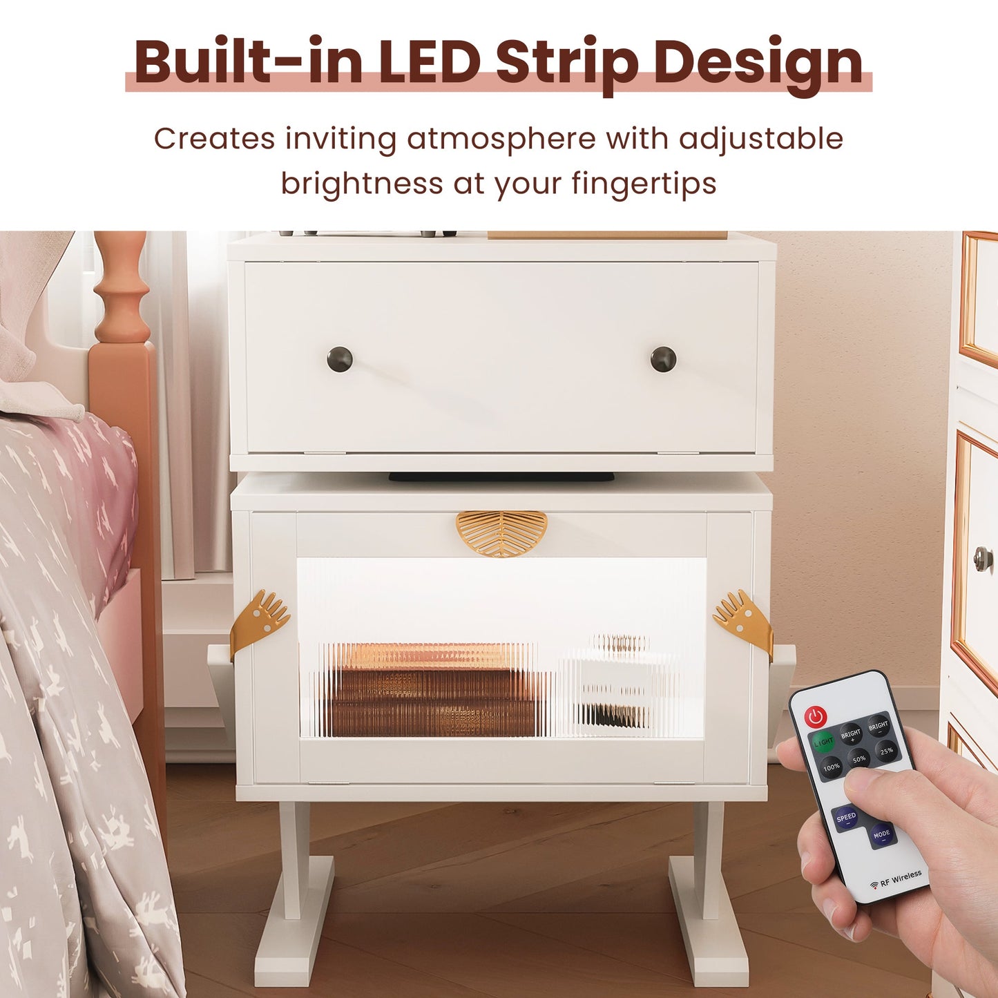 Nightstand with 360¡ã Rotating Drawer and LED Light Strip