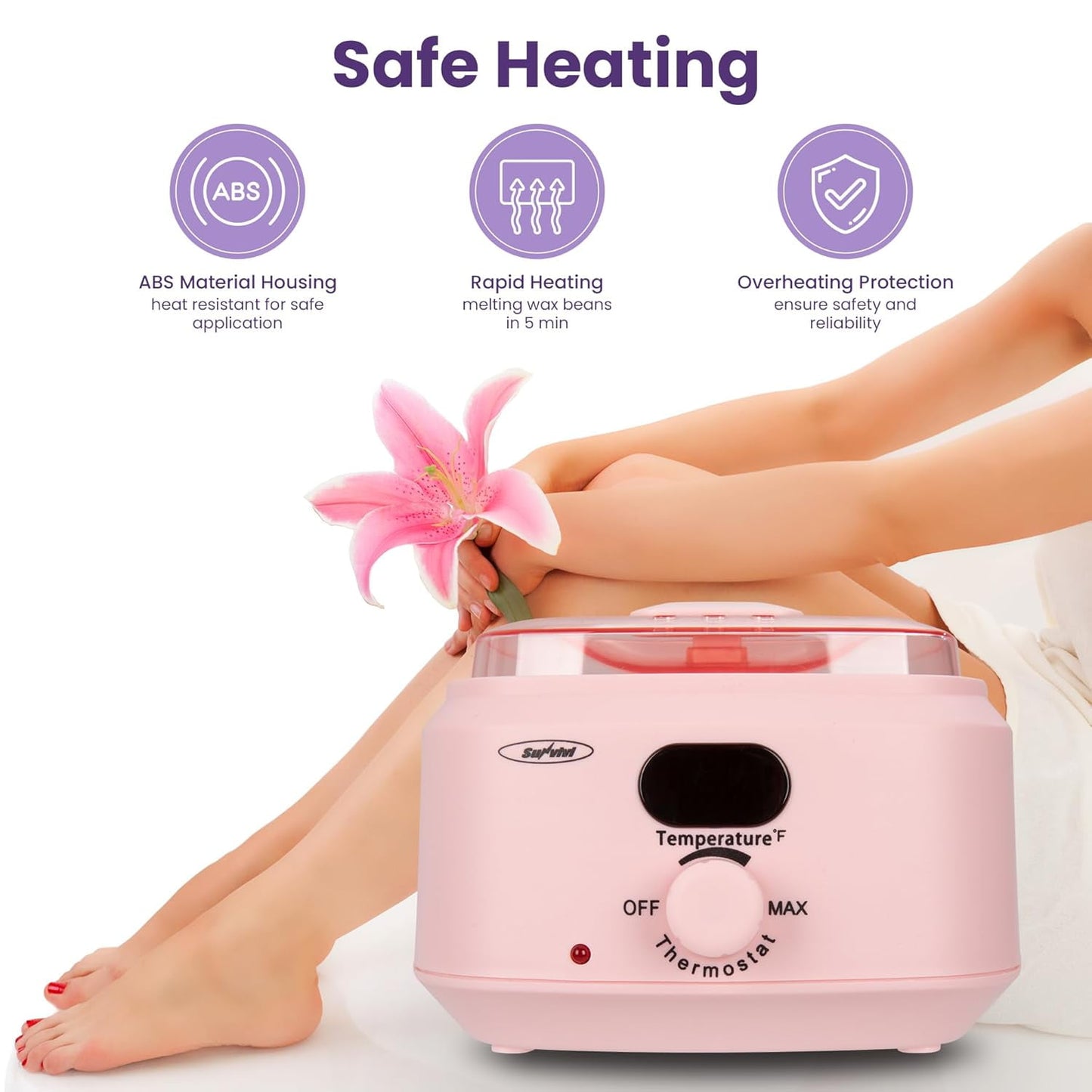 Superjoe Waxing Kit, Brazilian Wax Warmer for Hair Removal with 5 Bag Hard Wax Beads, Digital Display Wax Melt Warmer Kit for Women Men Full Body, Legs, Face, Bikini,Sensitive skin, Pink