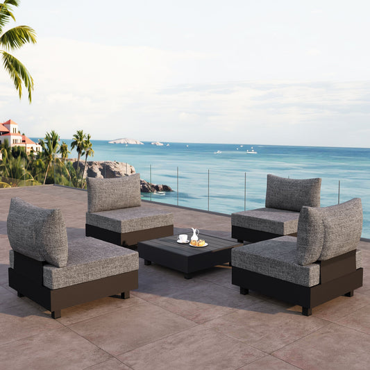5 Pieces Aluminum Patio Furniture Set, Outdoor Sectional Sofa Conversation Sets with Coffee Table, Modular Armless Chairs Set for Pool Garden Balcony Porch, Grey