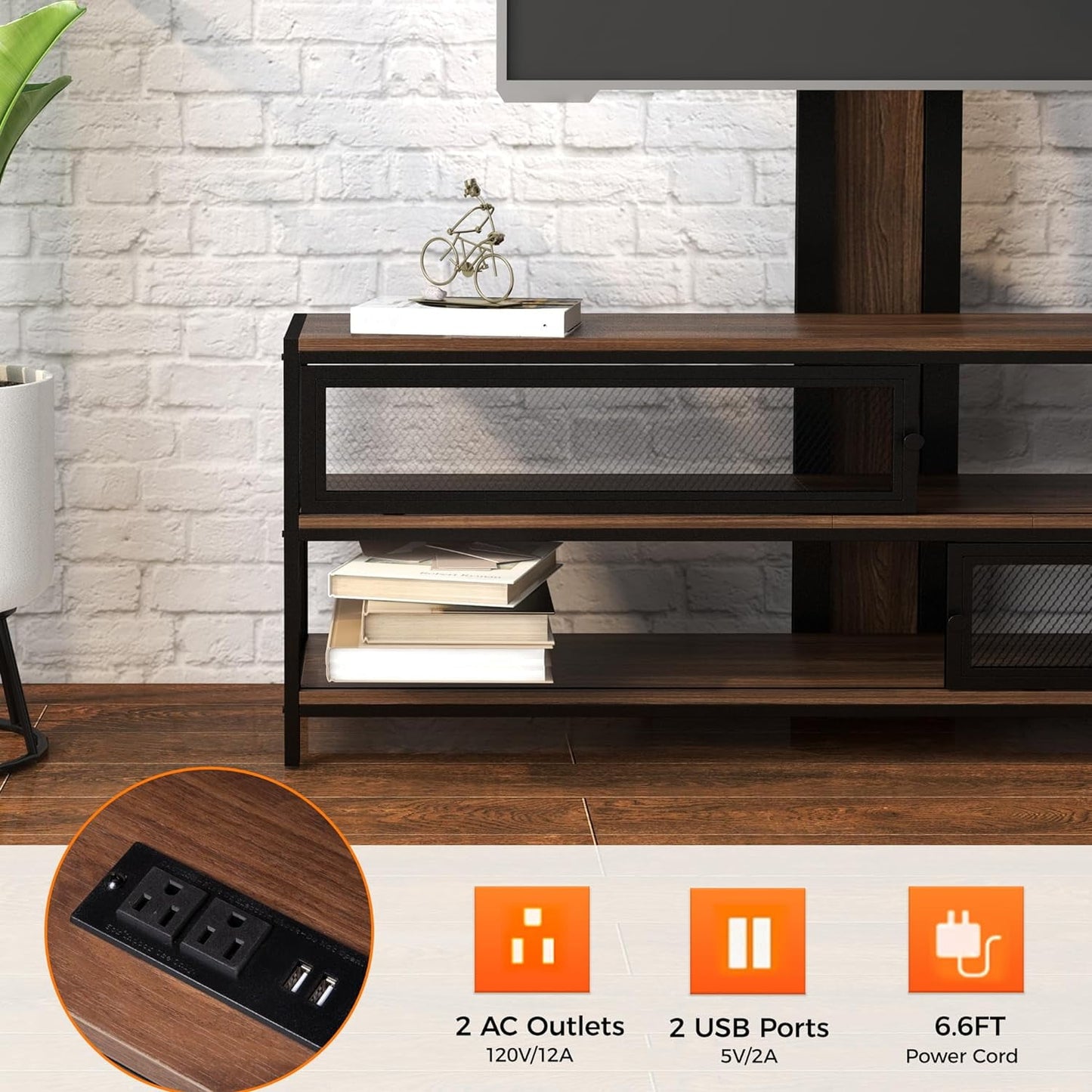 Cozyhom TV Stand with Mount and LED Light, Swivel Entertainment Center for TVs up to 70 Inches, 3-Tier Gaming Media Console Table with Power Outlet for Living Room, Bedroom, Office, Rustic Brown