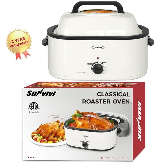Sunvivi 22 Quart Electric Turkey Roaster Oven with Visible Glass Lid,Removable Pan & Rack, Stainless Steel,White