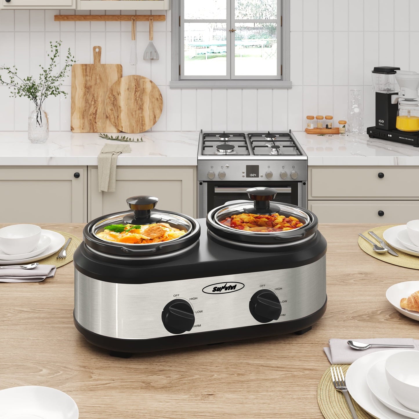 Triple Slow Cooker with 3 Spoons, 3 Pot 1.5 Quart Oval Crock Food Warmer Buffet Server, Stainless Steel
