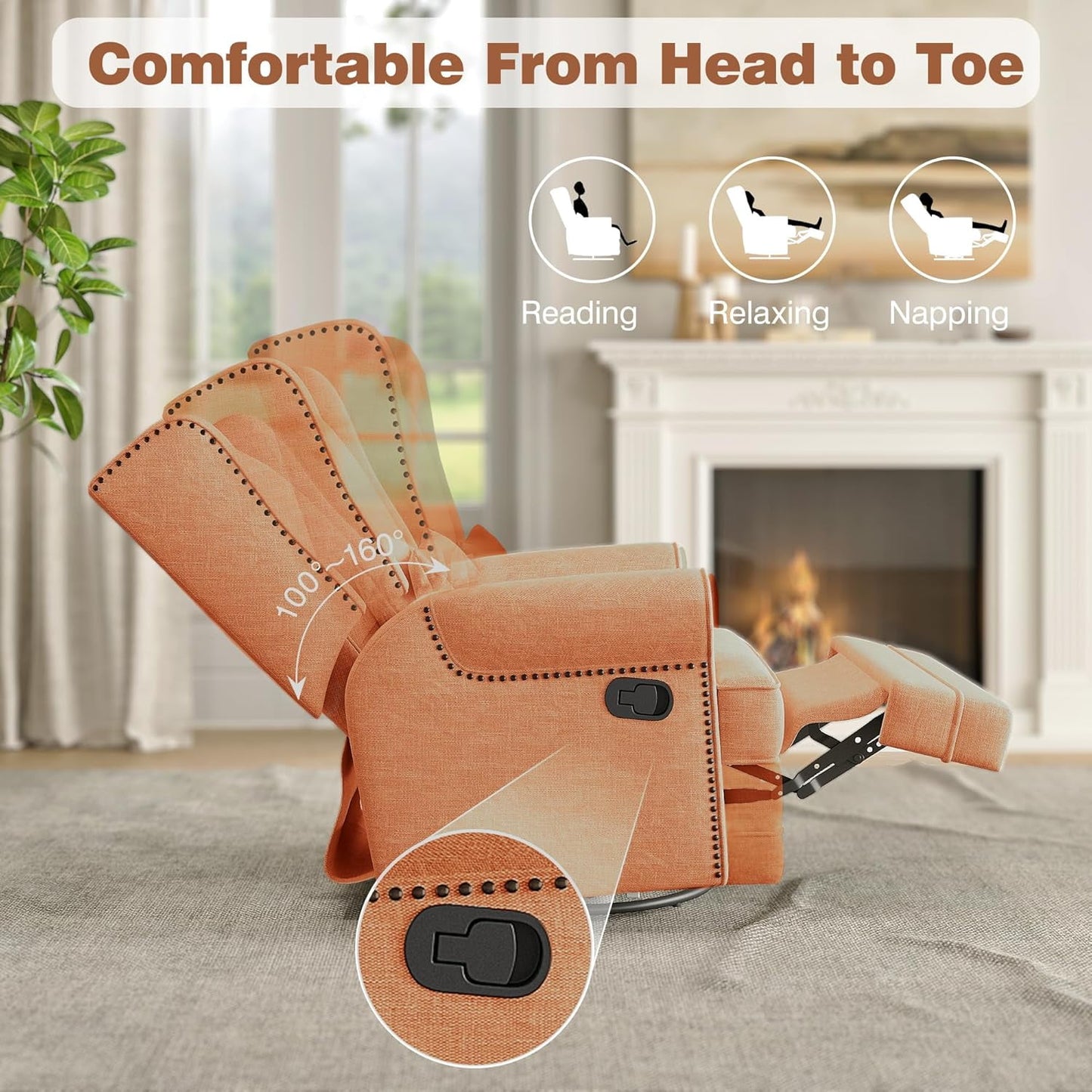 CozyHome Swivel Recliner Chair, Comfy Glider Rocking Chairs with Lumbar Pillow and Footrest, Upholstered Swivel Rocking Chair for Bedroom,Nursery, Orange