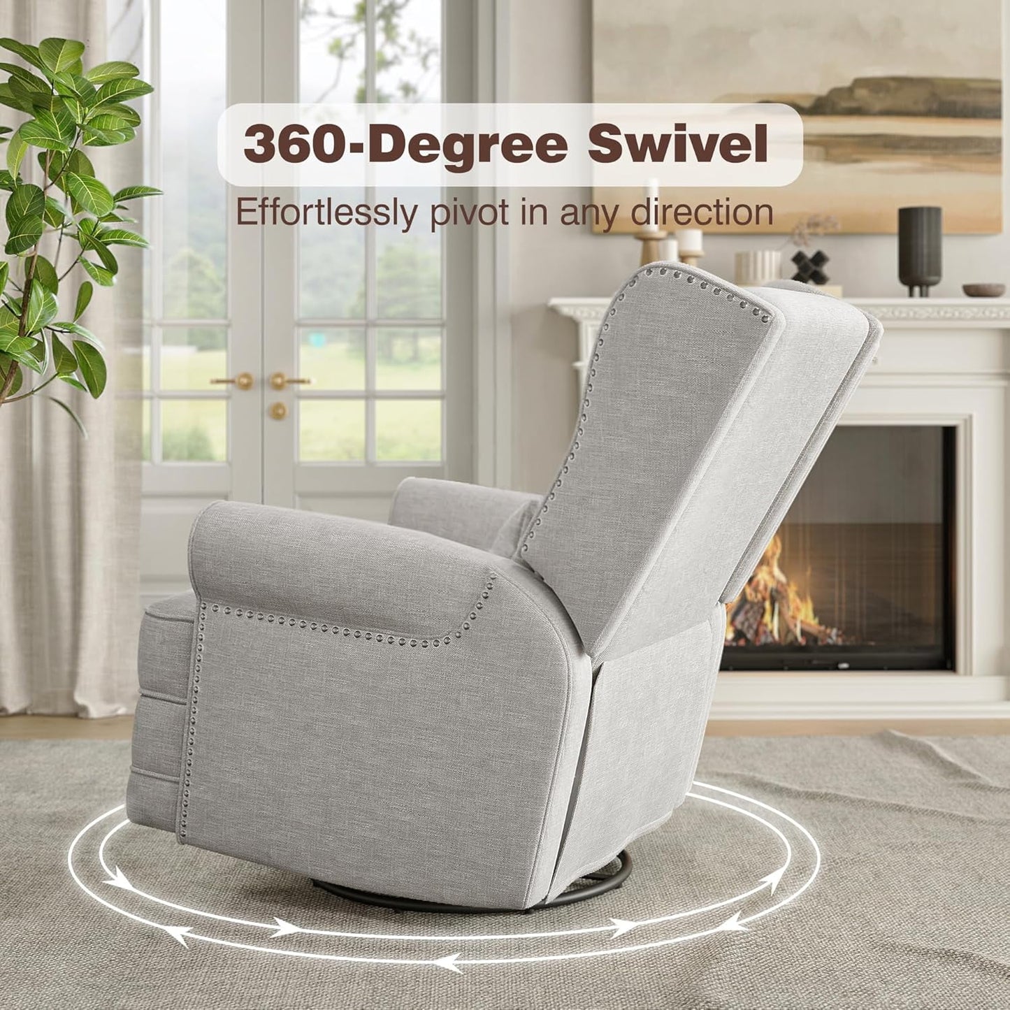 CozyHome Swivel Recliner Chair, Comfy Glider Rocking Chairs with Lumbar Pillow and Footrest, Upholstered Swivel Rocking Chair for Bedroom,Nursery, Grey