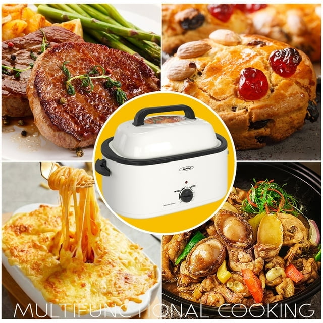 Sunvivi 22 Quart Electric Turkey Roaster Oven with Visible Glass Lid,Removable Pan & Rack, Stainless Steel,White