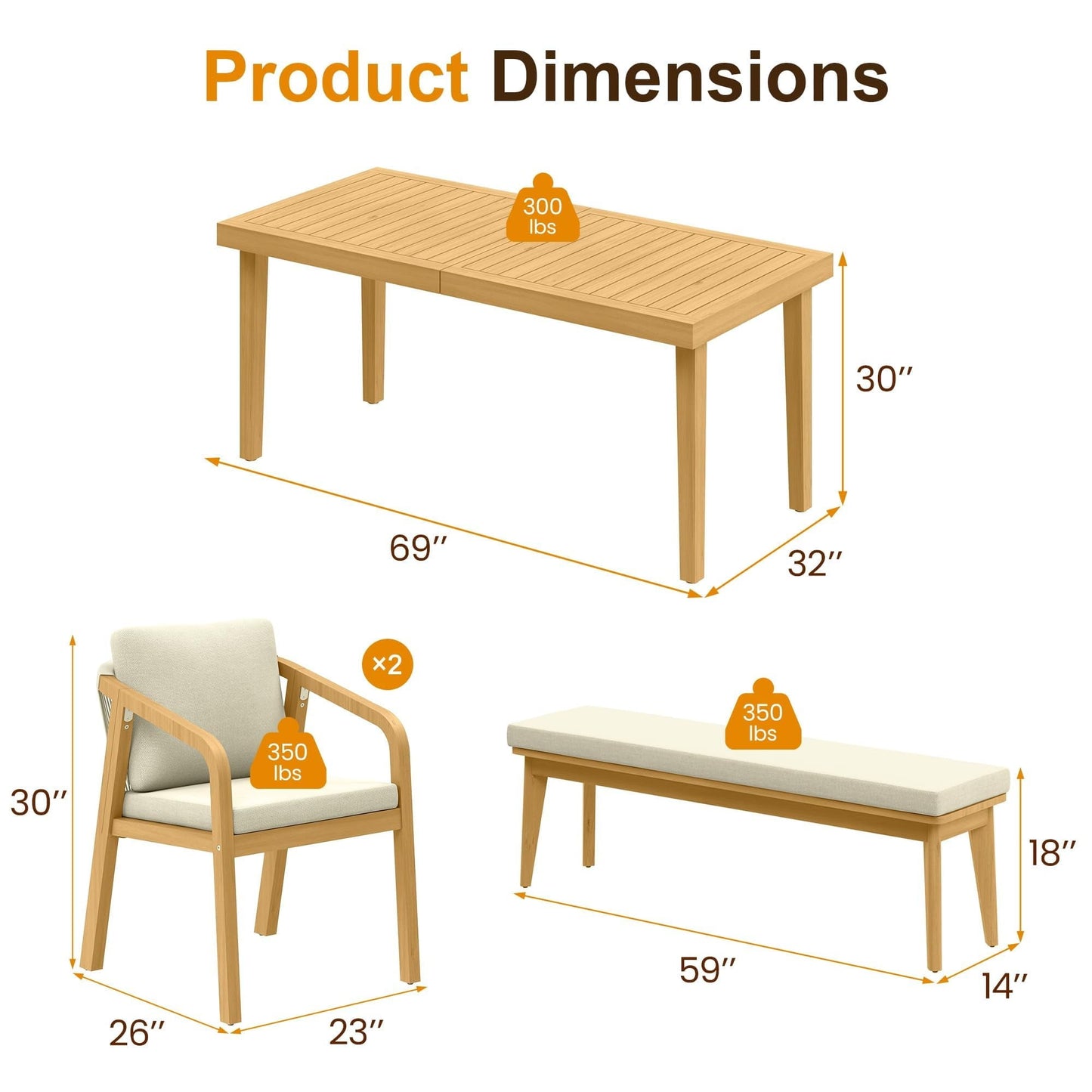 Heynemo Acacia 6 Pieces Patio Dining Set with Dining Table, Chairs, and Bench, All-Weather Wood Chairs with Cushions, Modern Outdoor Dining Furniture Set for Lawn, Backyard, Garden, Deck, Beige