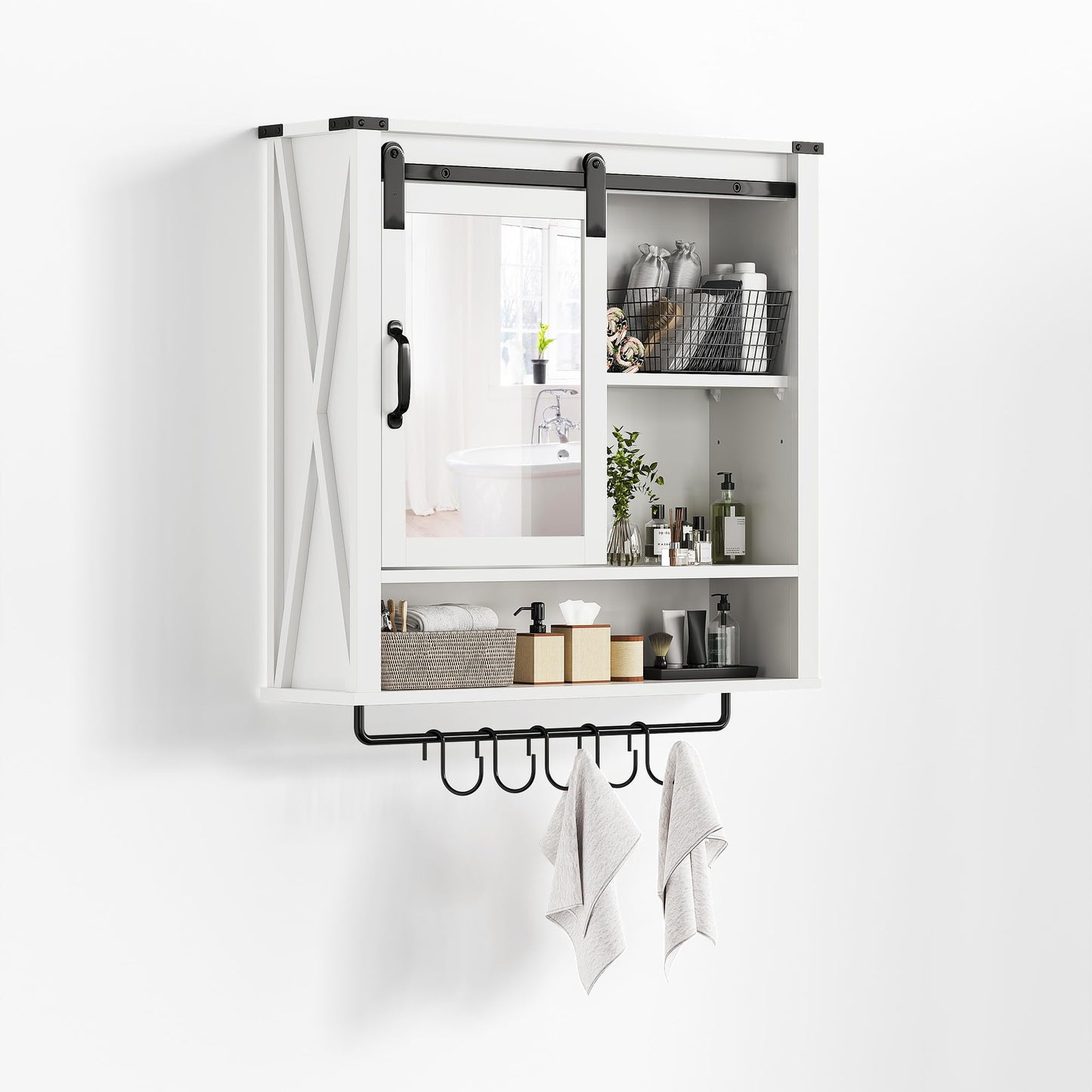 CozyHome 28in Bathroom Cabinet Wall Mount with Sliding Mirror Door, Over The Toilet Storage Cabinet, Farmhouse Medicine Cabinet with Shelves and Towel Bar for Living Room, 28" W x 29" H, White