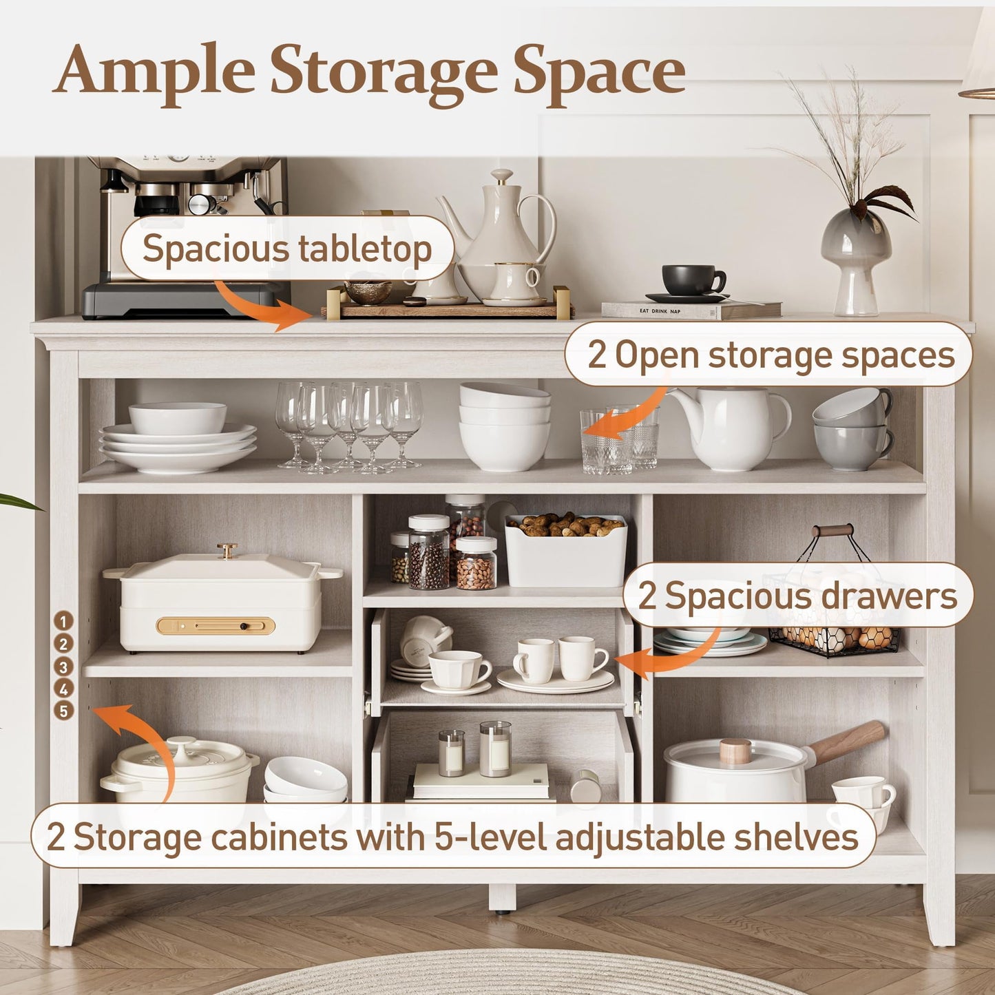 CozyHome Rattan Storage Cabinet, Boho Sideboard Cabinet with Doors & Drawers, Buffet Cabinet with Adjustable Shelves for Kitchen, Dining Room, Living Room, Grayish White