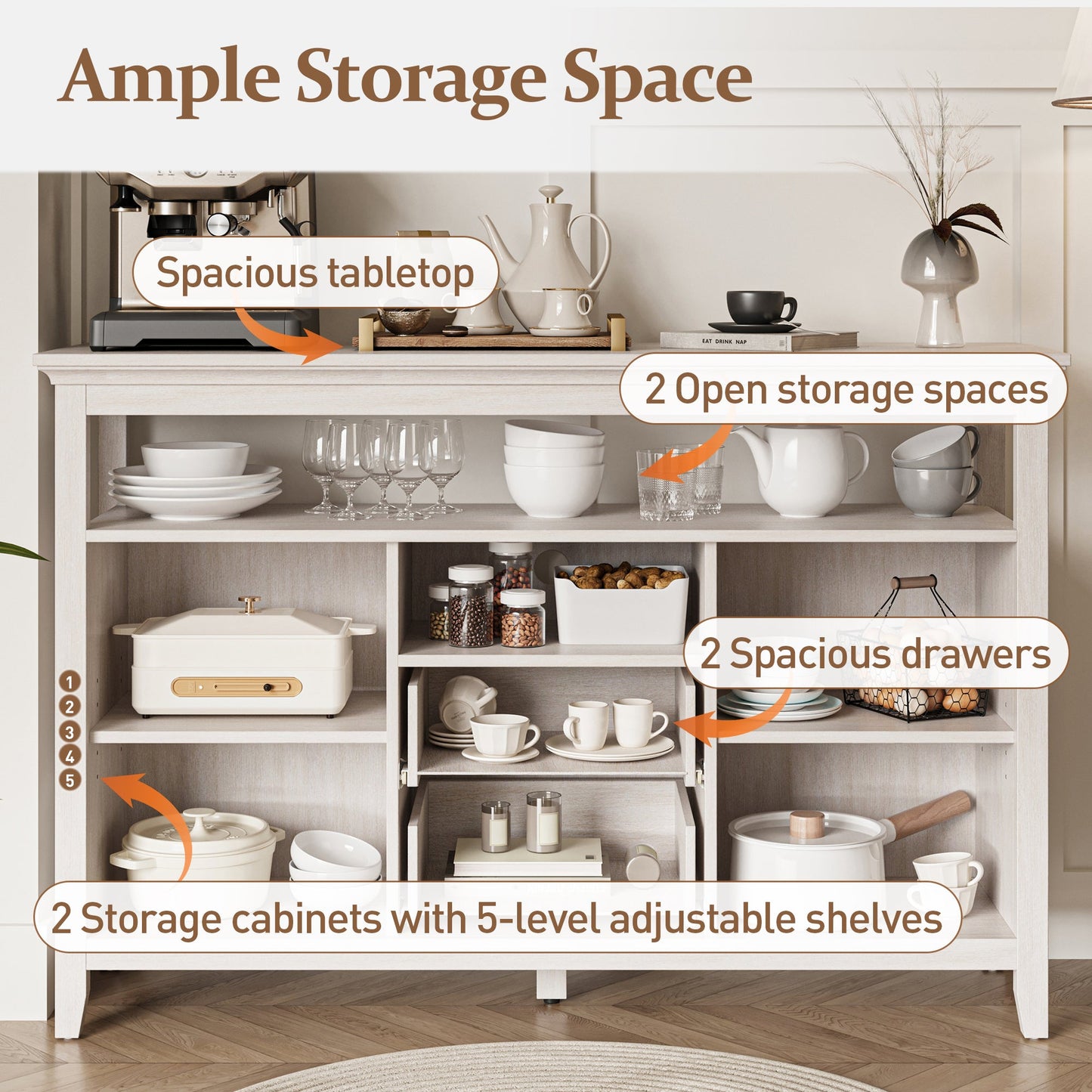 Royalcraft Farmhouse Rattan Storage Cabinet, Boho Sideboard Cabinet with Doors & Drawers, Buffet Cabinet with Adjustable Shelves, Accent Cabinet for Kitchen, Dining Room, Living Room, Grayish White