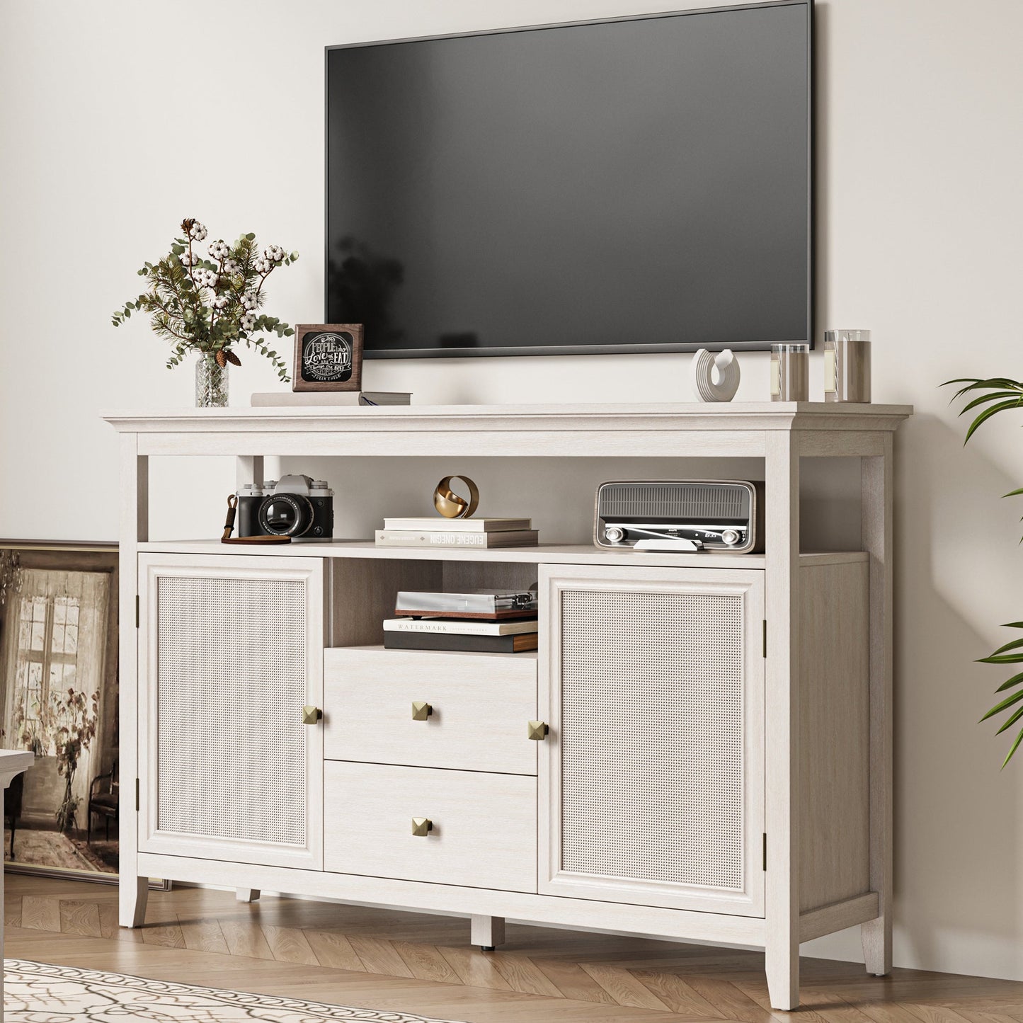 Royalcraft Farmhouse Rattan Storage Cabinet, Boho Sideboard Cabinet with Doors & Drawers, Buffet Cabinet with Adjustable Shelves, Accent Cabinet for Kitchen, Dining Room, Living Room, Grayish White