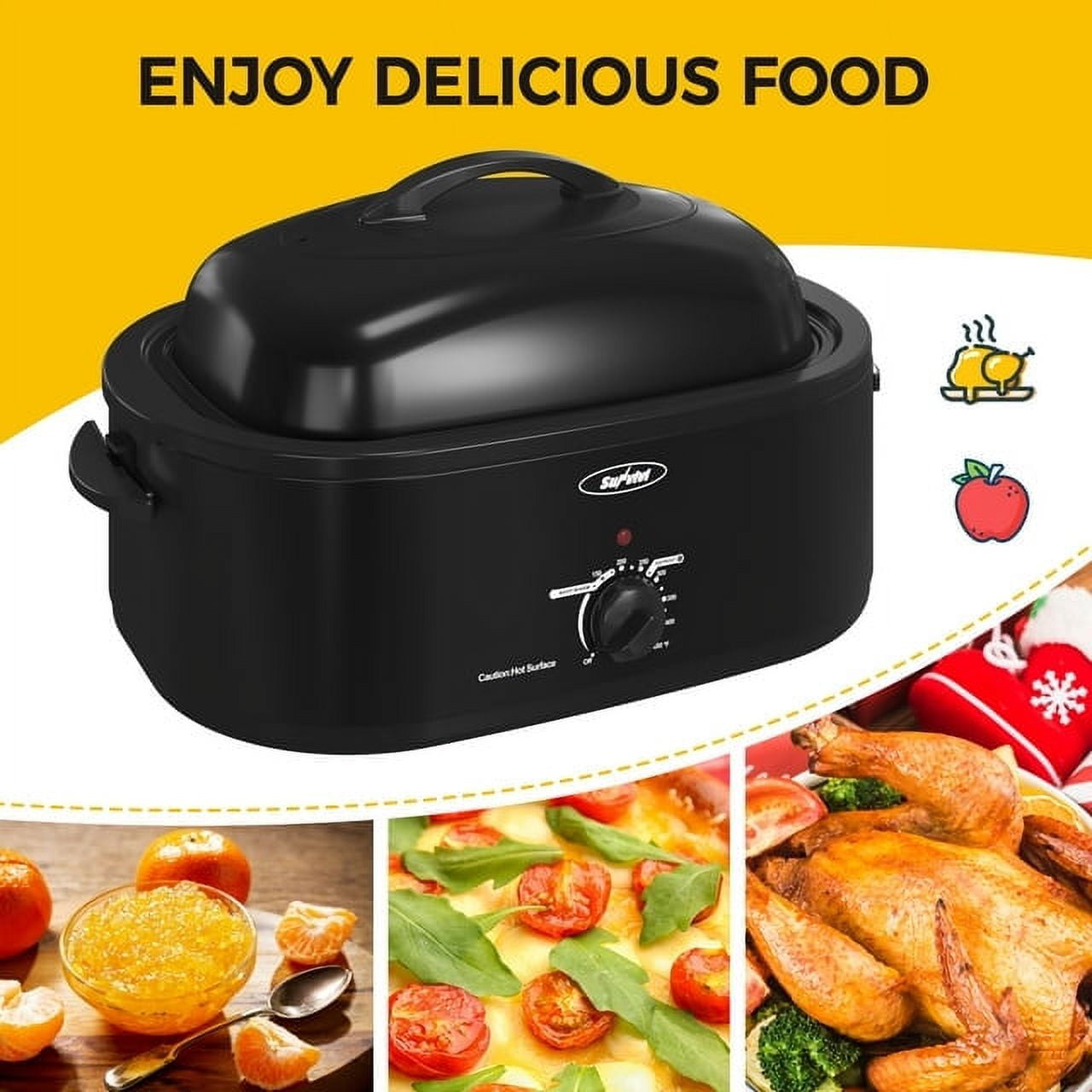 Sunvivi 22 Quart Electric Turkey Roaster Oven with Visible Glass Lid,Removable Pan & Rack, Stainless Steel,White