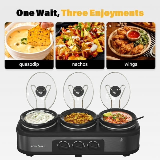 Triple Slow Cooker with 3 Spoons, 3 Pot 1.5 Quart Oval Crock Food Warmer Buffet Server, Stainless Steel