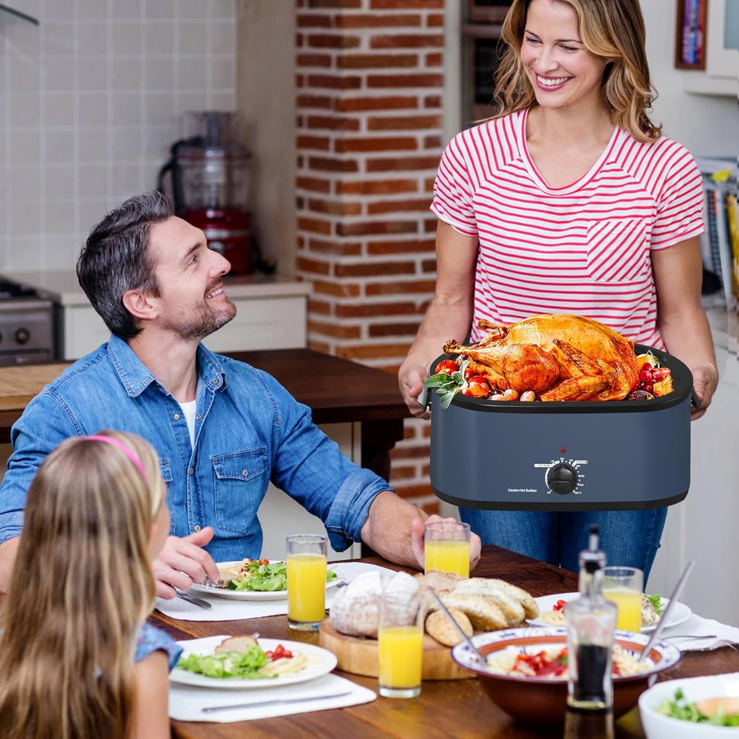 Superjoe 22 Quart Electric Roaster Oven with Visible & Self-Basting Lid, Large Turkey Roaster with Defrost Warm Function, Adjustable Temperature, Removable Pan Rack, Stainless Steel Blue