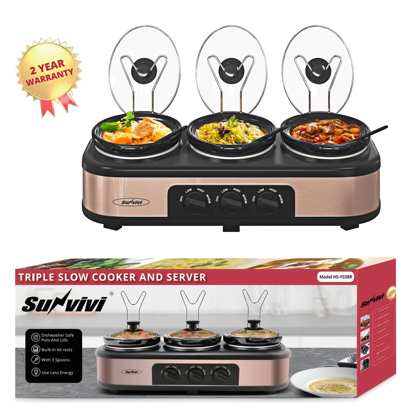 Triple Slow Cooker with 3 Spoons, 3 Pot 1.5 Quart Oval Crock Food Warmer Buffet Server, Stainless Steel