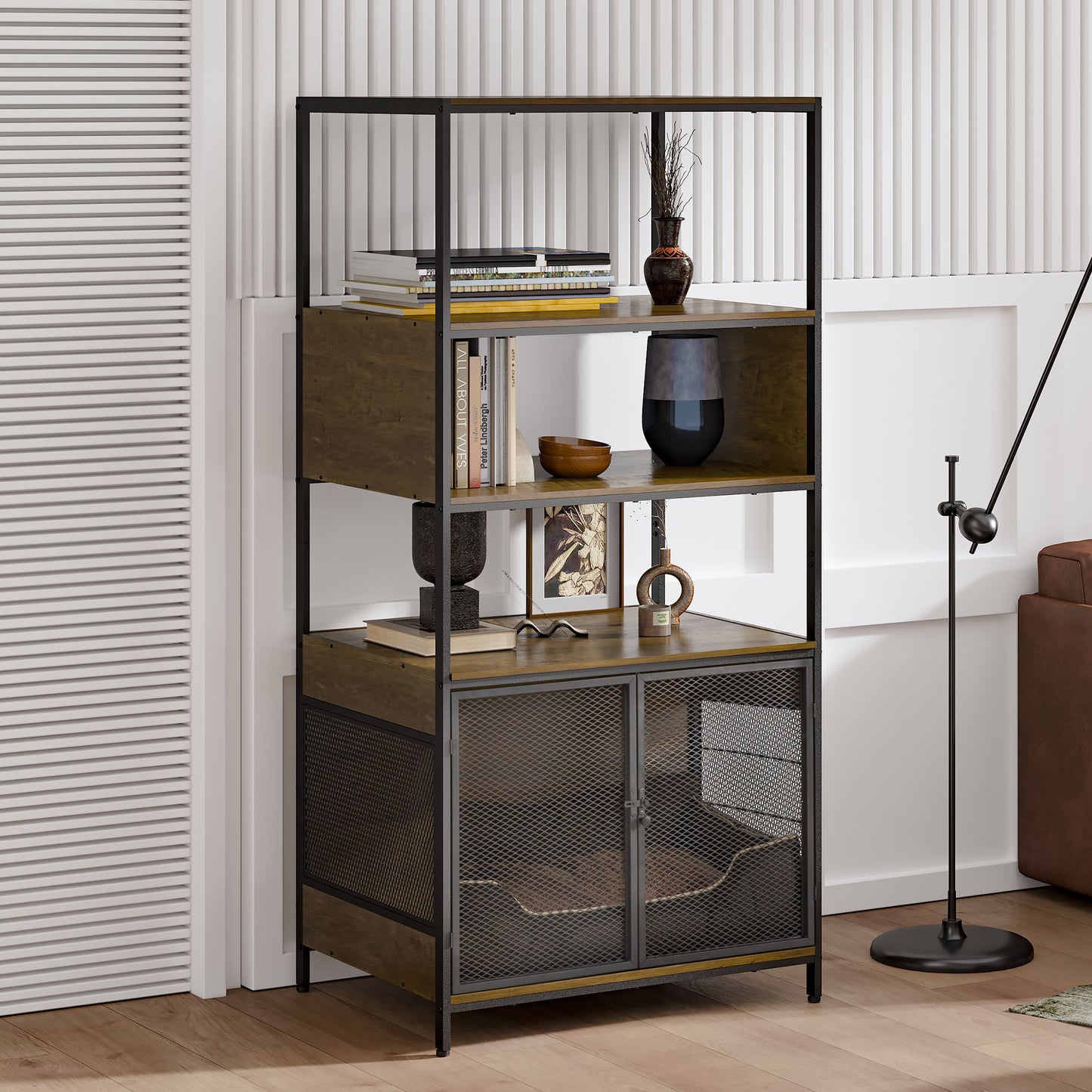 Dog Crate Furniture with Display Shelf, Decorative Dog Crate Industrial Bookshelf with Kennel, Furniture Style Dog Crate for Medium Dog, Cat Litter Box Furniture, Brown