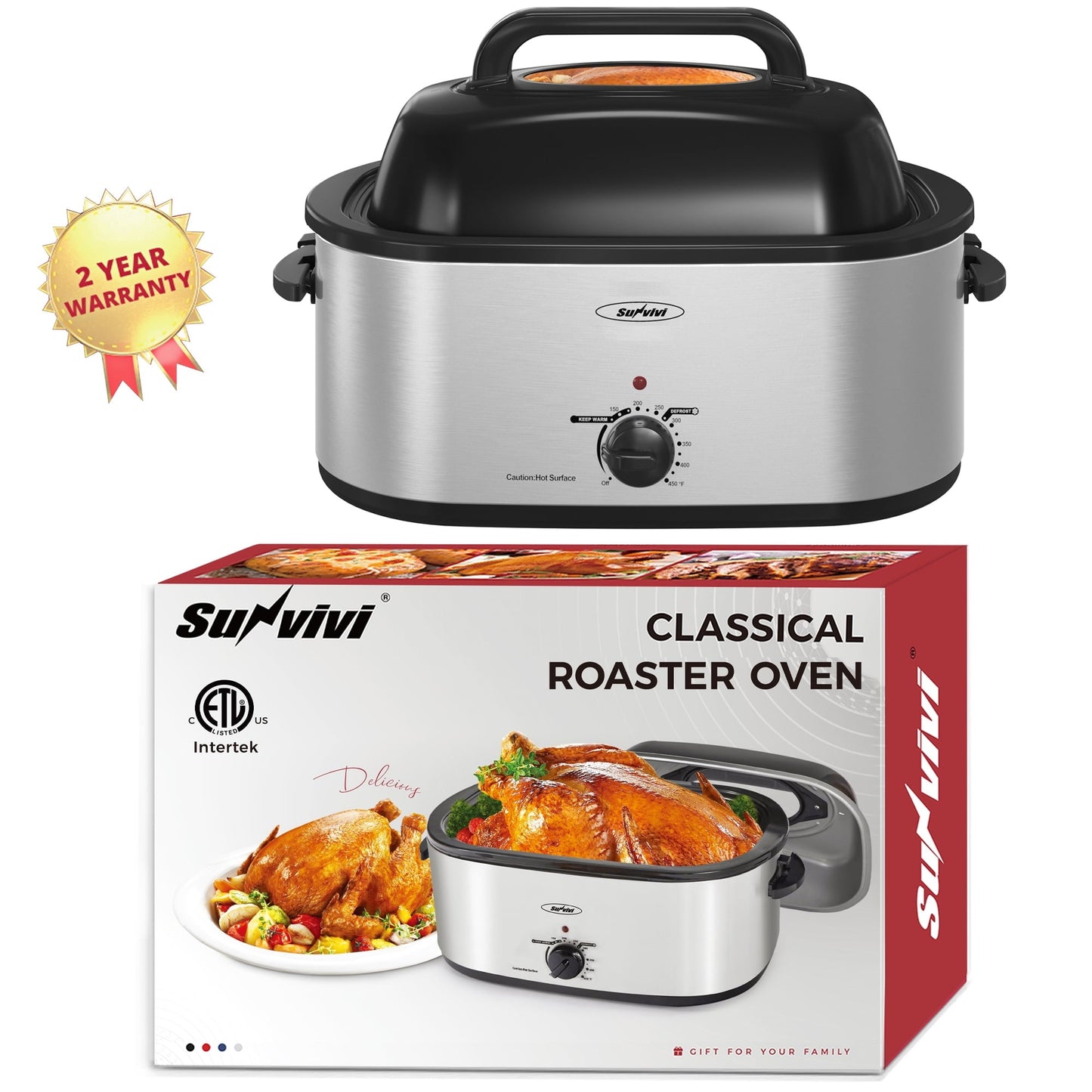 Sunvivi 22 Quart Electric Turkey Roaster Oven with Visible Glass Lid,Removable Pan & Rack, Stainless Steel,White
