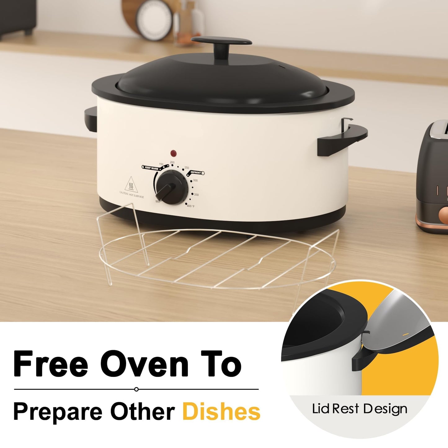 Superjoe 8 QT Electric Roaster Oven with Self-Basting Lid, Turkey Roaster Oven with Defrost Warm Function, Removable Pan and Rack, Stainless Steel White