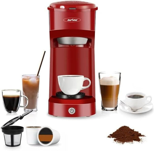 Sunvivi Coffee Maker, Single Serve Brewer for Single Cup, With Permanent Filter, 6oz to 14oz Mug, One-touch Control Button with Illumination,Red (ETL Certified)